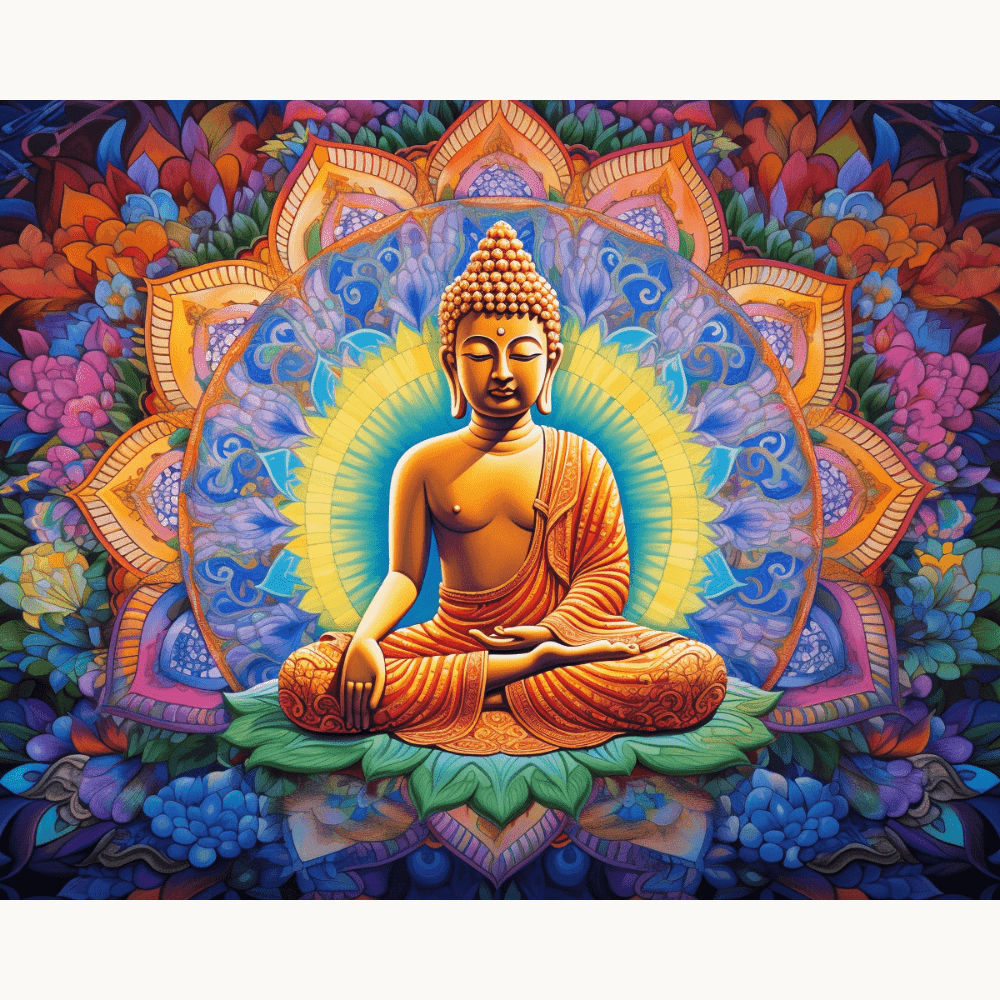 The image depicts a vibrant and ornate artwork featuring an enlightened Buddha seated on a lotus flower in the center.
