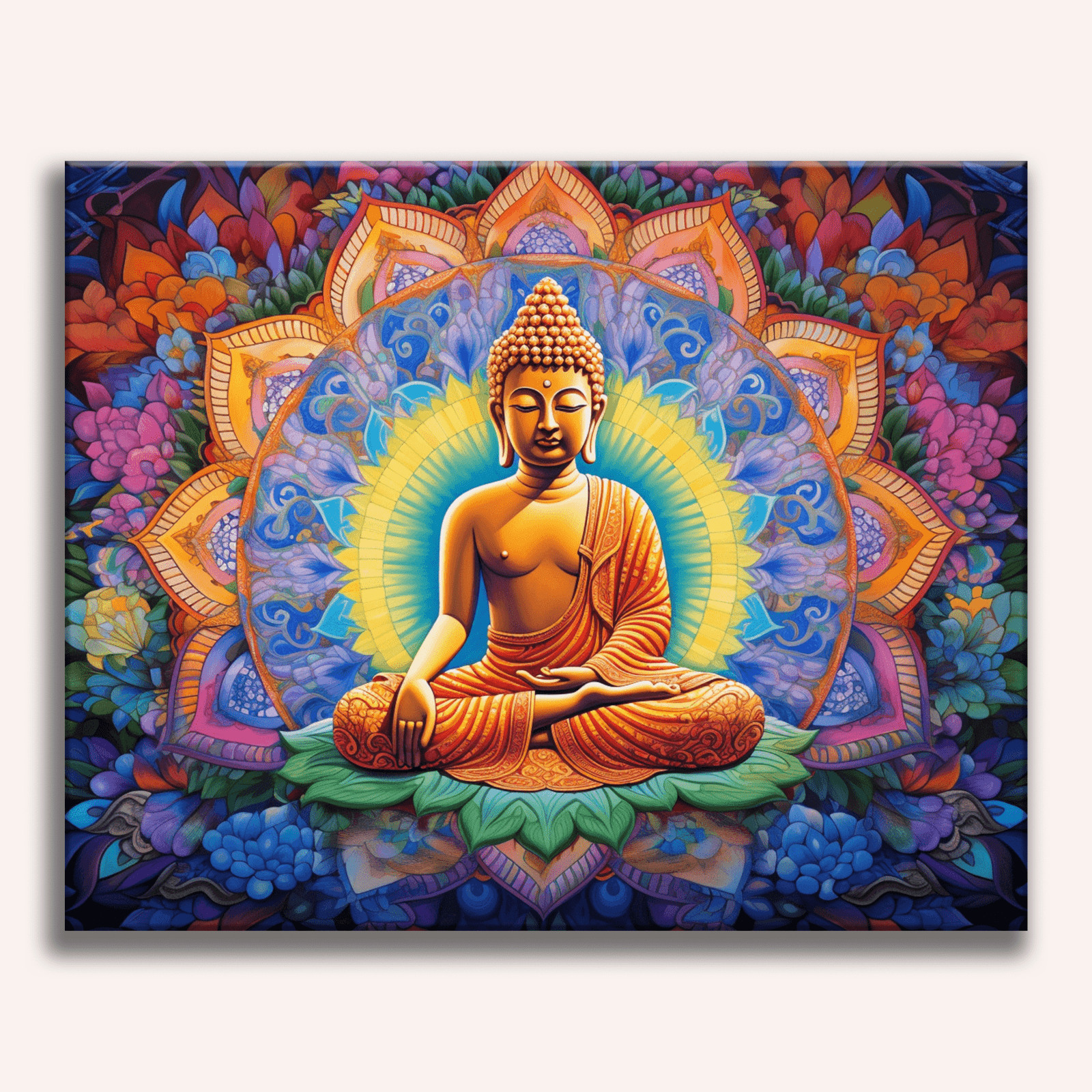 The image depicts a vibrant and ornate artwork featuring an enlightened Buddha seated on a lotus flower in the center.