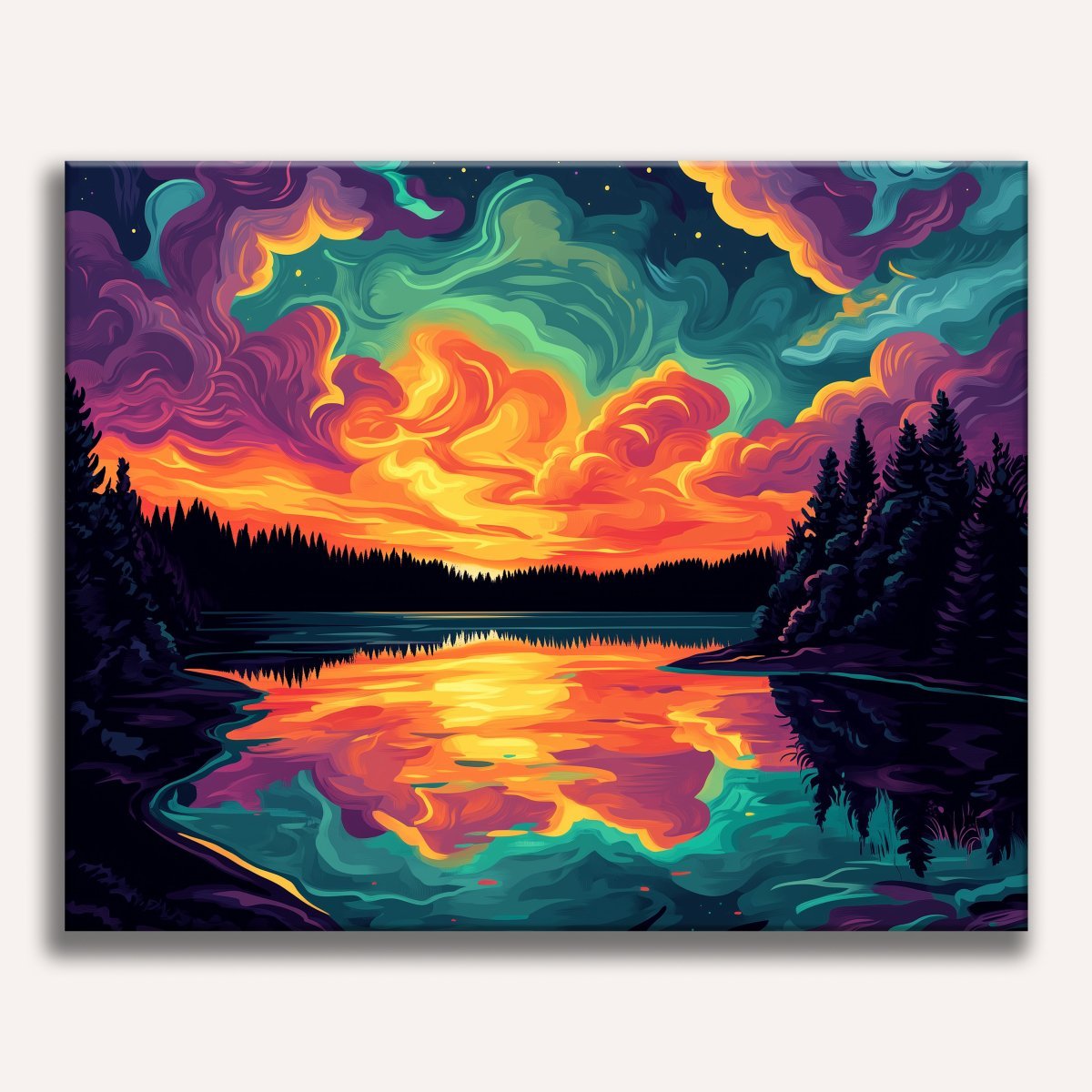 A vibrant digital painting depicts a serene night scene by a lake, illuminated by a vivid sky transitioning from warm hues at the horizon to cool blues above..