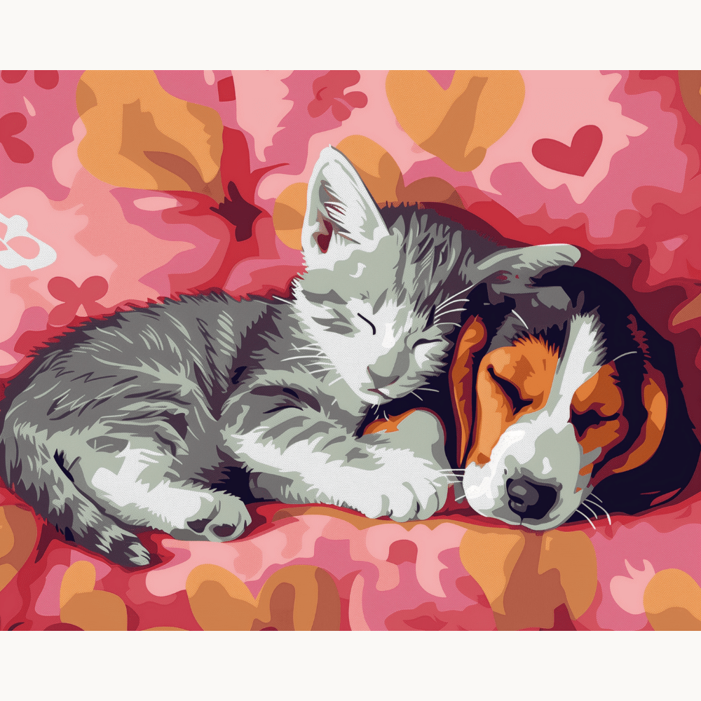 This is a digital image showcasing two puppies resting on a bed.