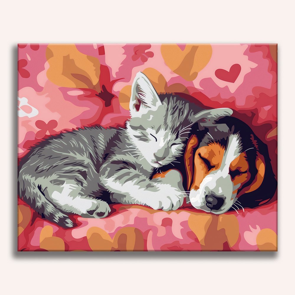 This is a digital image showcasing two puppies resting on a bed.