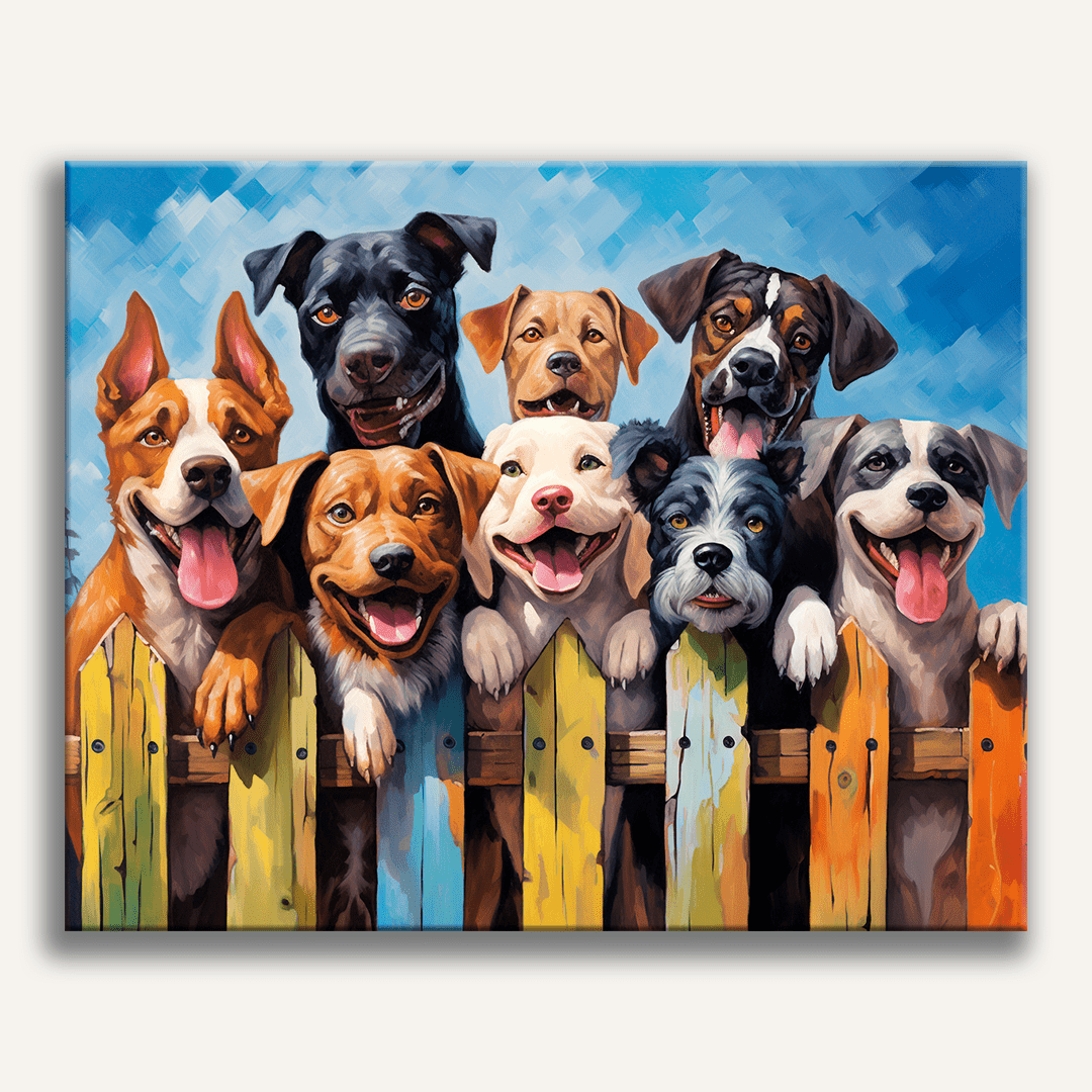 The image presents a lively scene featuring seven dogs standing behind a white fence.