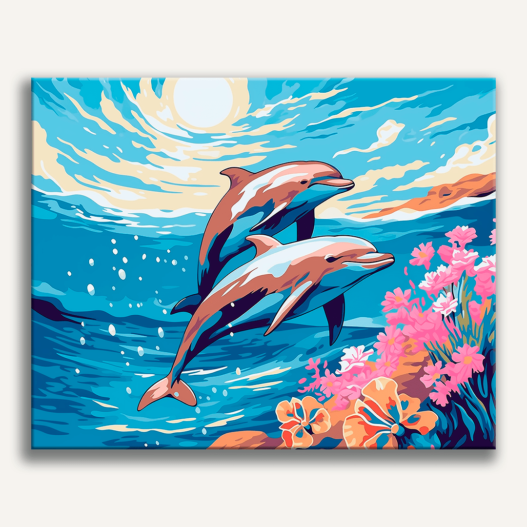 In the image, two dolphins are swimming close to each other on a sunny day.