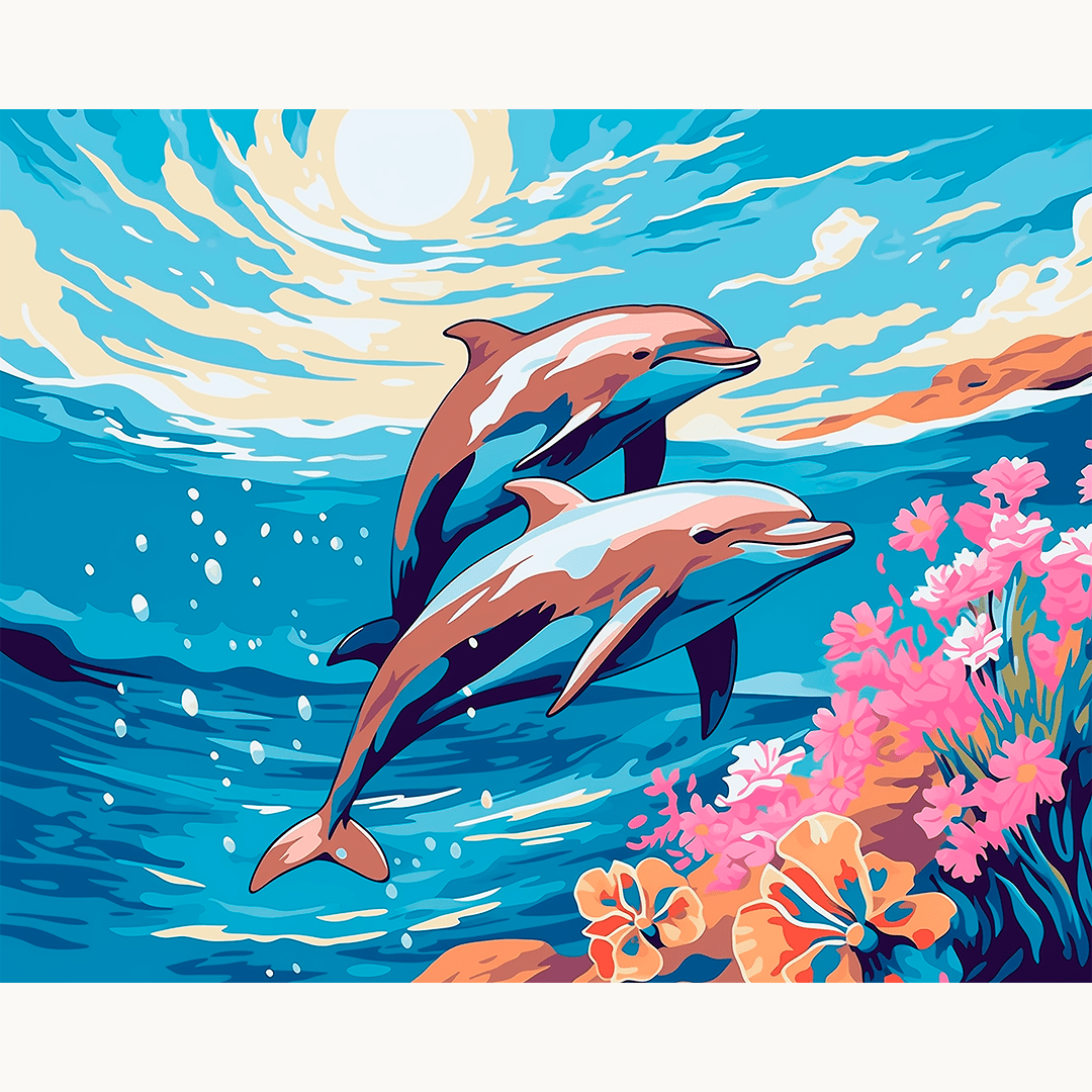 In the image, two dolphins are swimming close to each other on a sunny day.