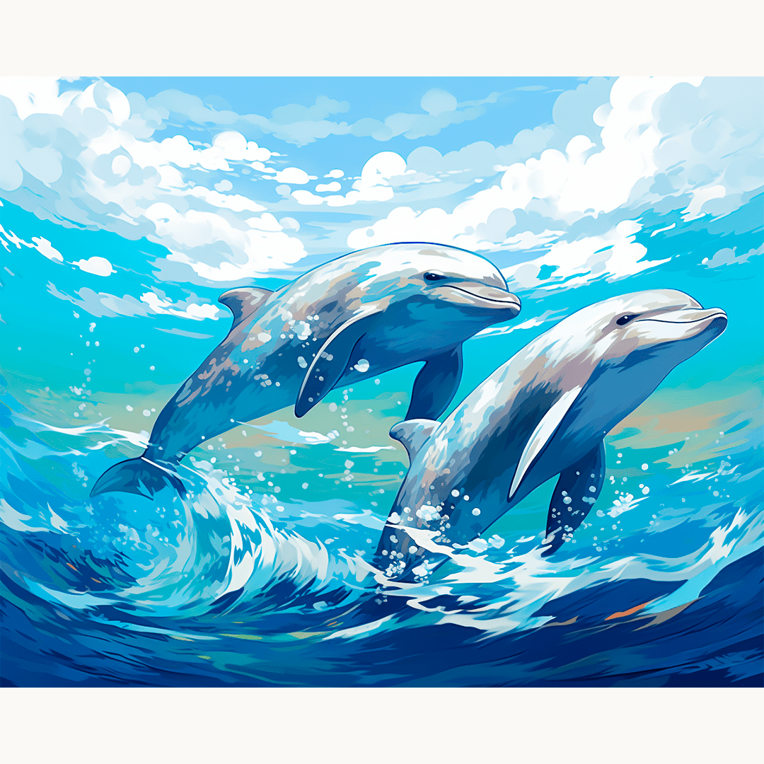 Two dolphins are swimming together in a vast ocean under a partly cloudy sky.