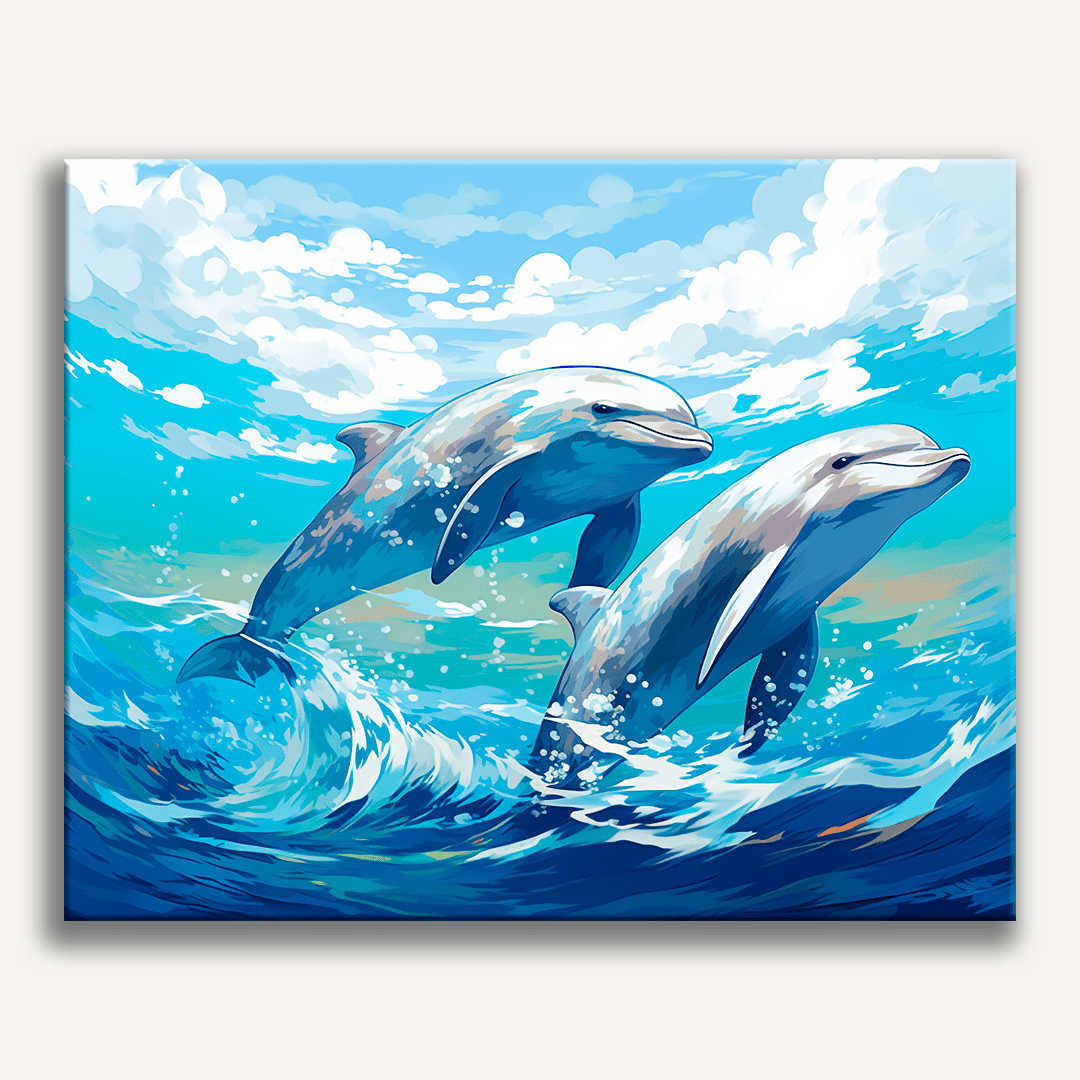 Two dolphins are swimming together in a vast ocean under a partly cloudy sky.