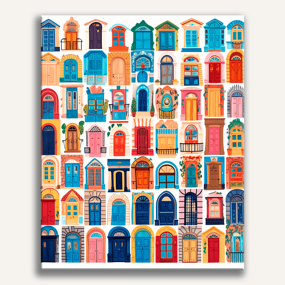 The image displays a collection of colorful illustrated doors, each exhibiting different styles and decorations such as shutters, arches, patterns, and colors that suggest Mediterranean architecture.