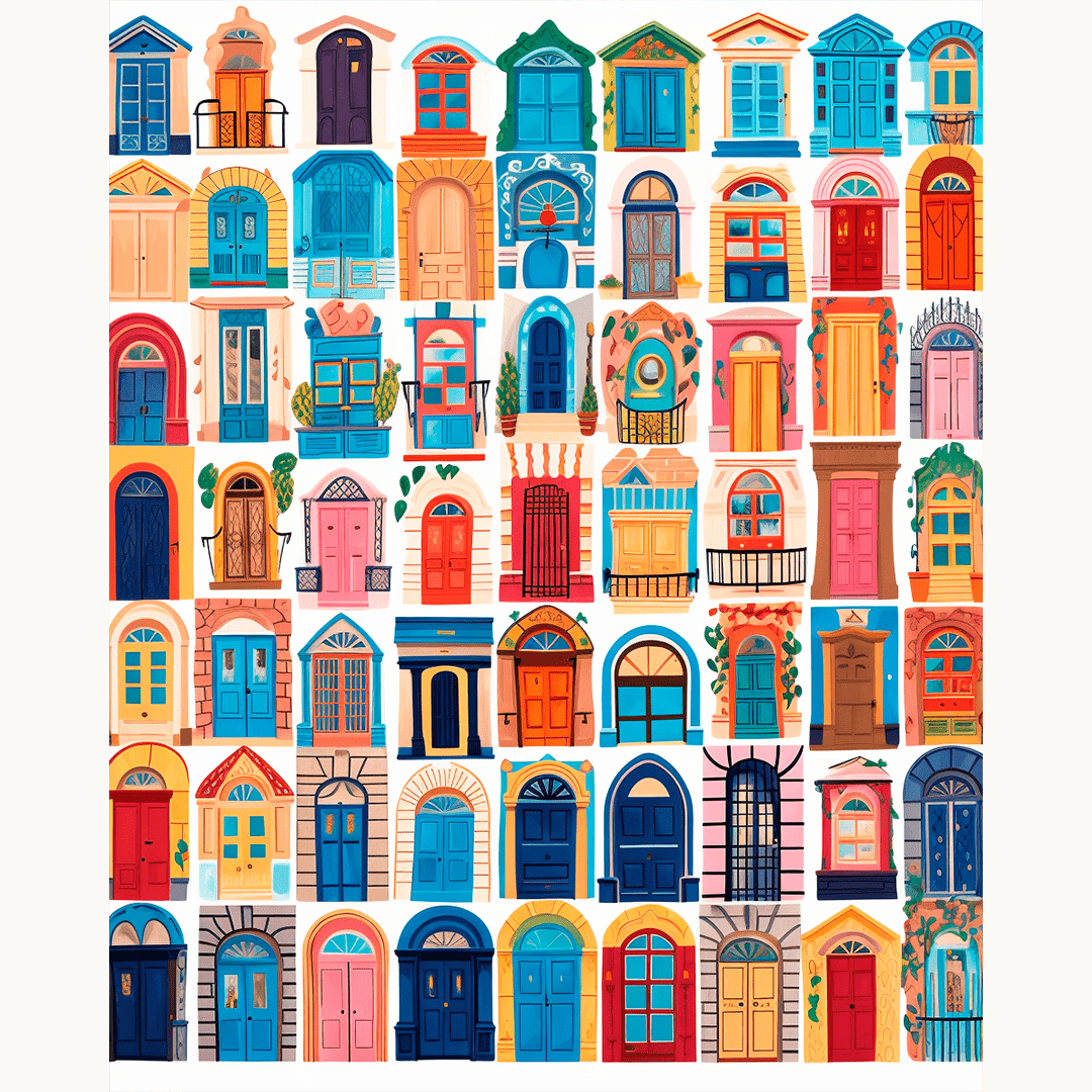 The image displays a collection of colorful illustrated doors, each exhibiting different styles and decorations such as shutters, arches, patterns, and colors that suggest Mediterranean architecture.