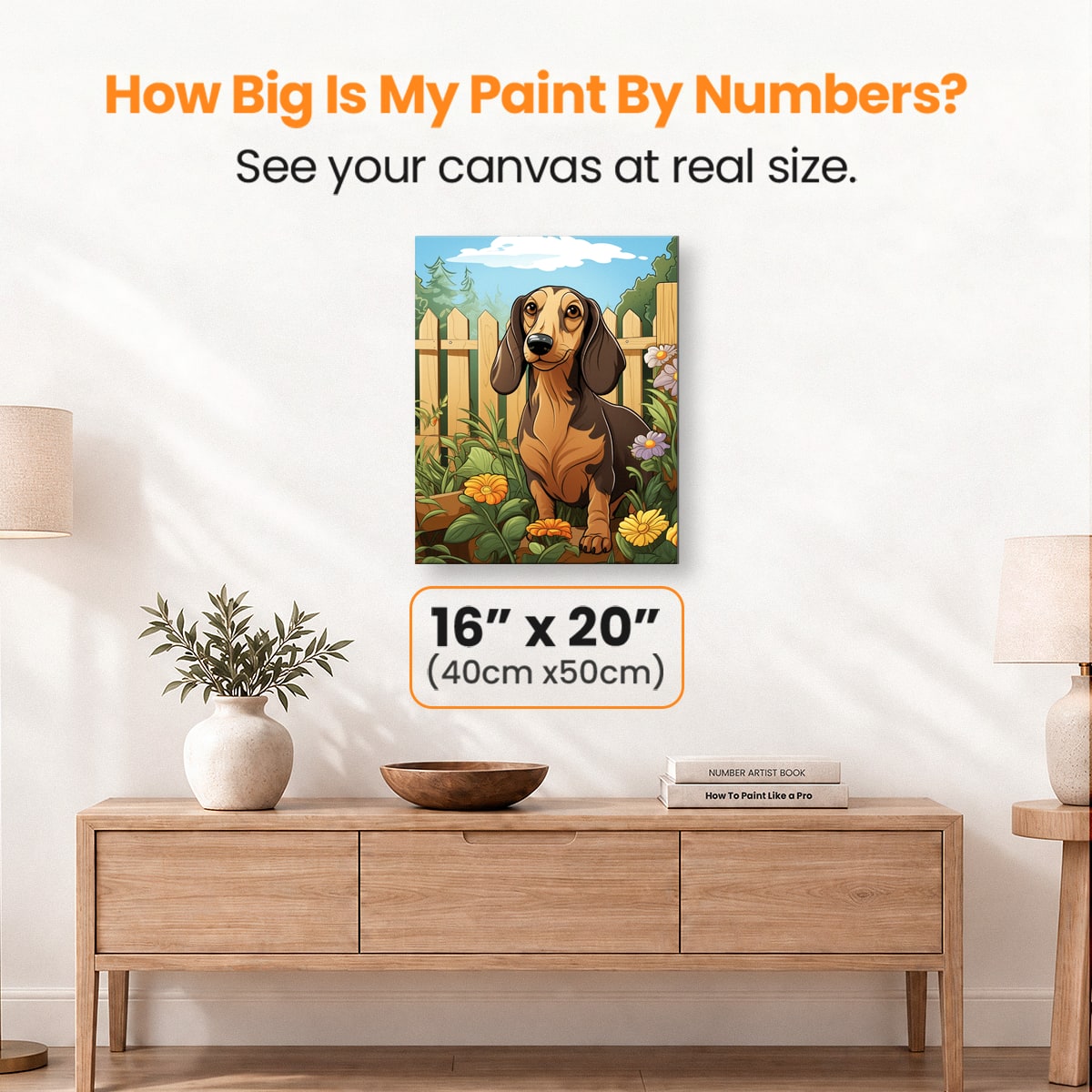 This is a colorful illustration featuring a cartoon Dachshund standing in front of a wooden fence.