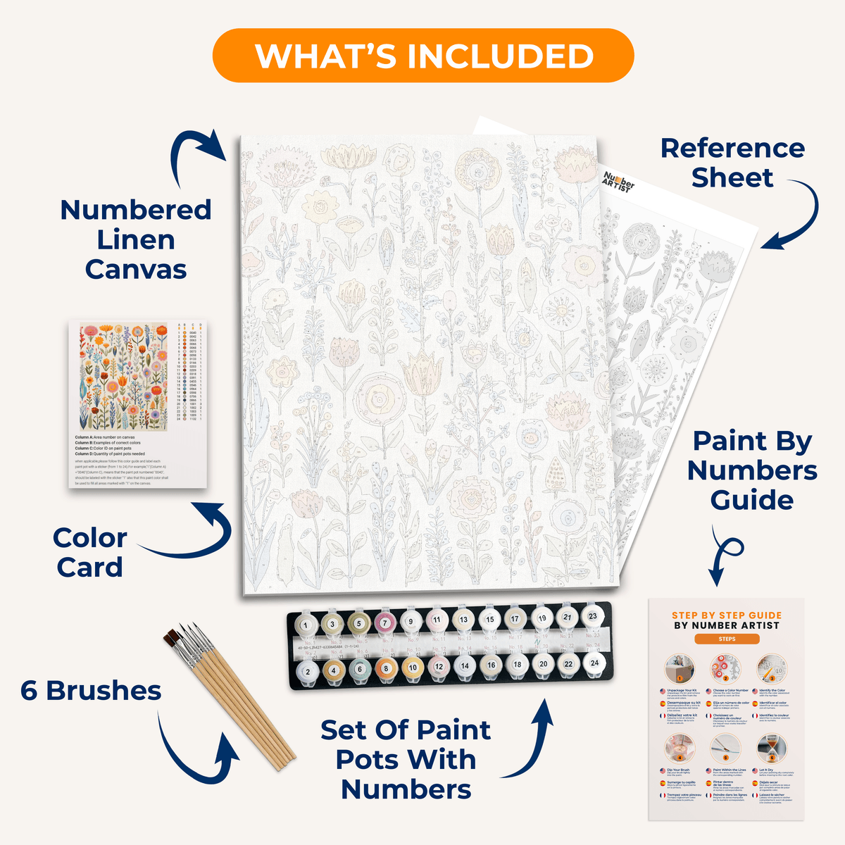 The image features a square tile adorned with an array of colorful floral illustrations..