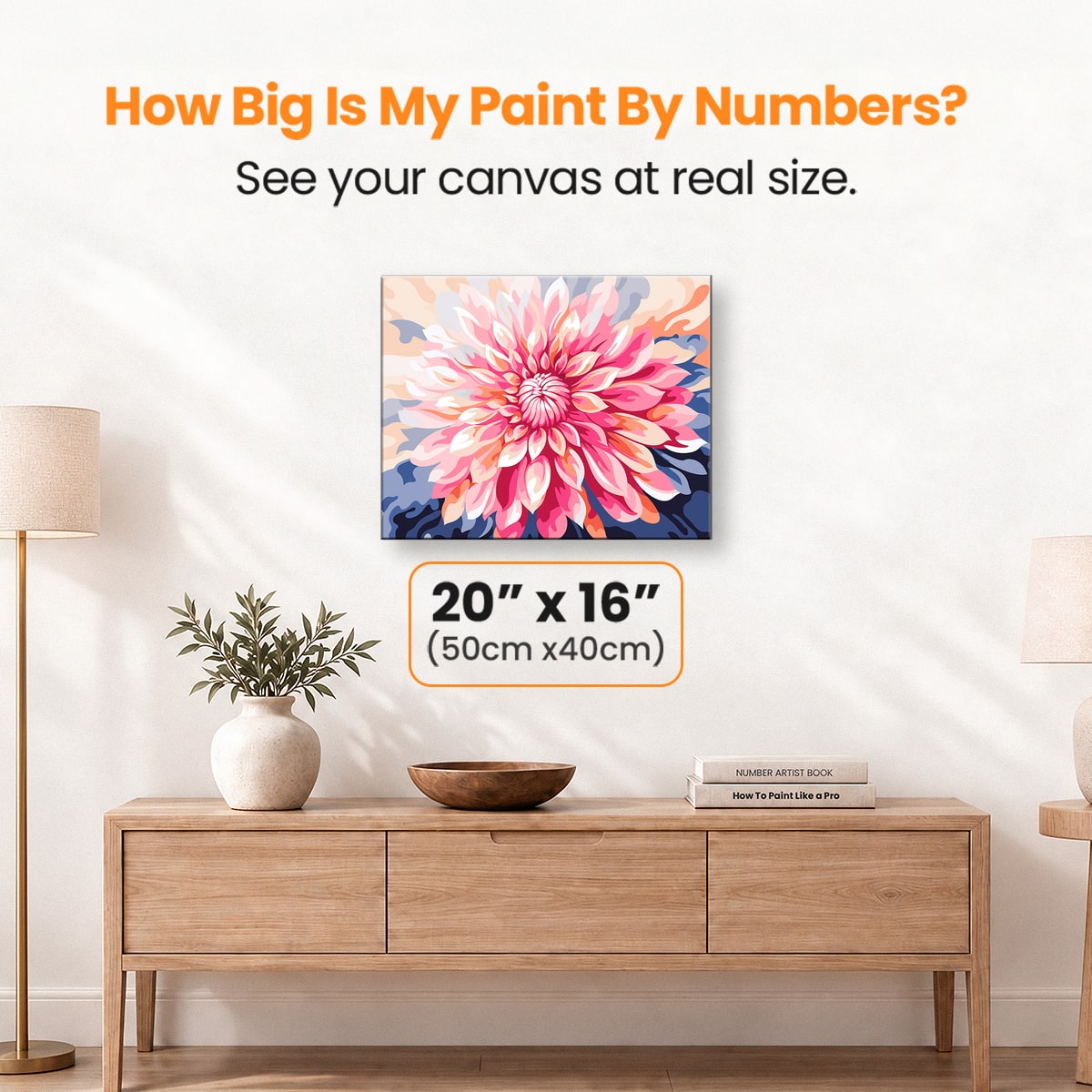 A large, vibrant wall art showcasing a beautiful floral arrangement in full bloom.