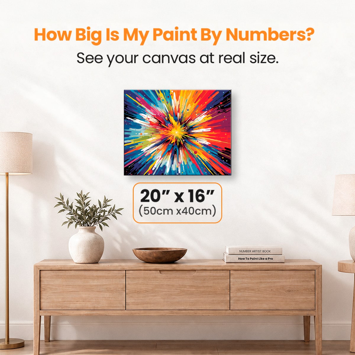 The image presents an abstract art piece characterized by a vibrant explosion of colorful shapes and lines radiating from the center..