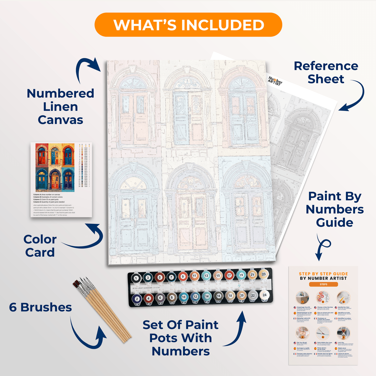 The image displays a vibrant illustration of four colorful doors against a backdrop that appears to be a brick wall.