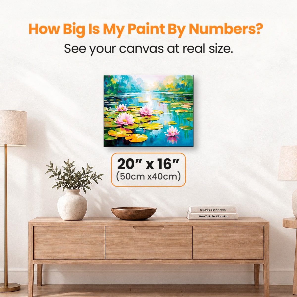 A vibrant canvas print showcases a serene landscape where lotus flowers bloom on a tranquil pond, framed by a backdrop of verdant trees and bushes under a clear sky..