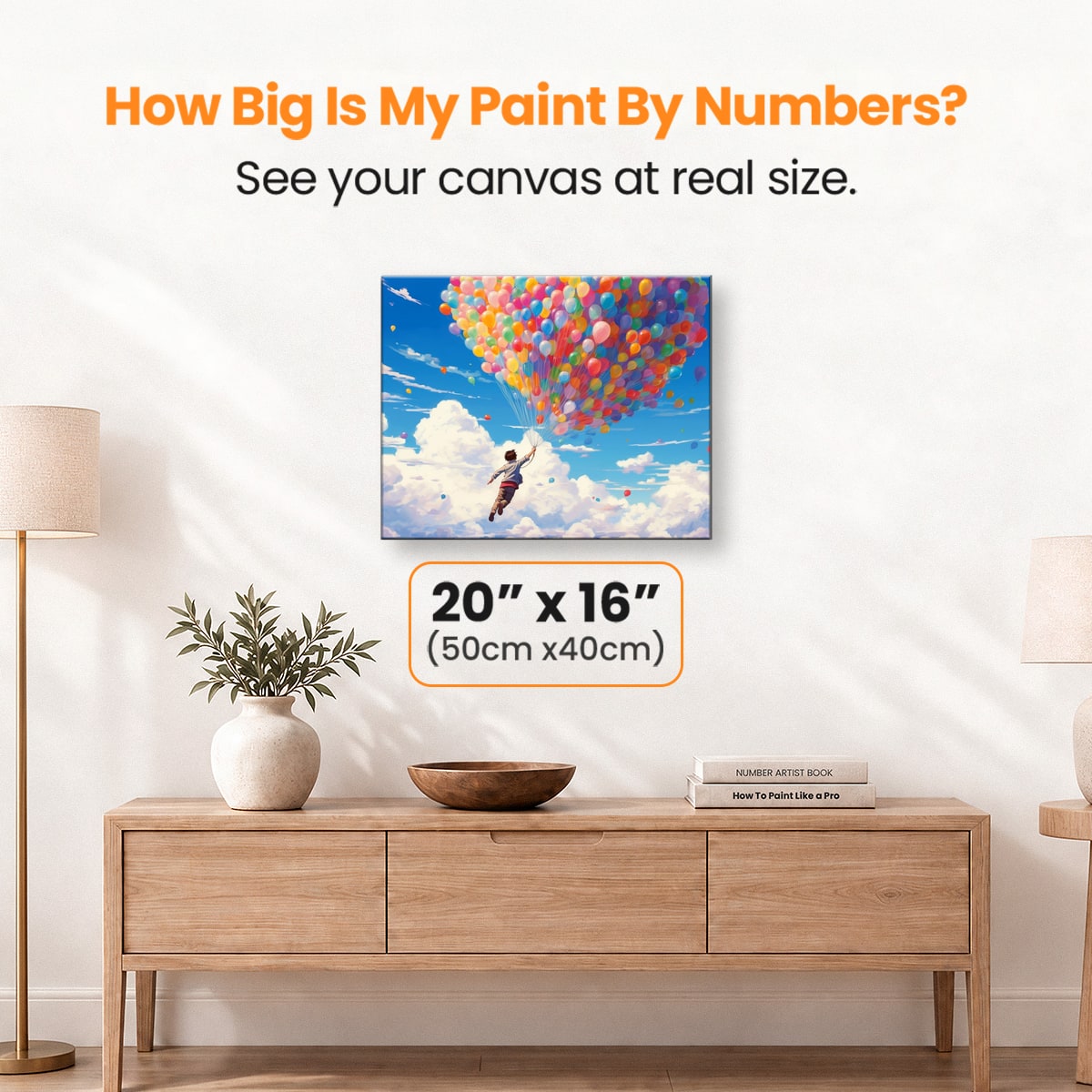 In the image, a person is soaring through a cloudy sky filled with colorful hot air balloons.