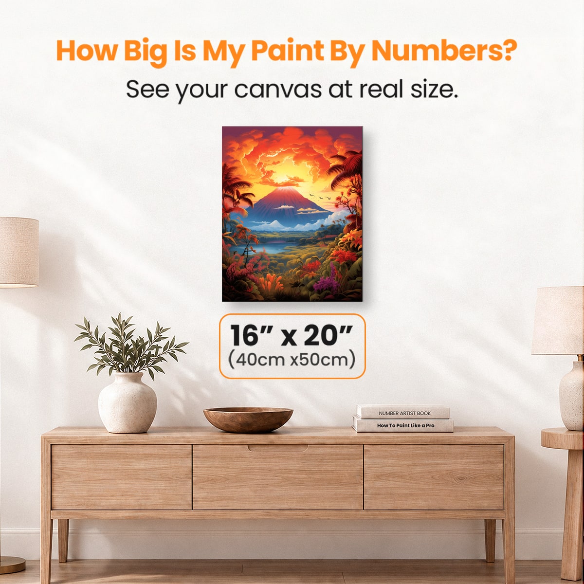 A vibrant illustration of a mystical landscape, featuring a majestic volcano at its center with a plume of smoke, flanked by lush tropical vegetation and a radiant sunset casting warm hues over the scene..