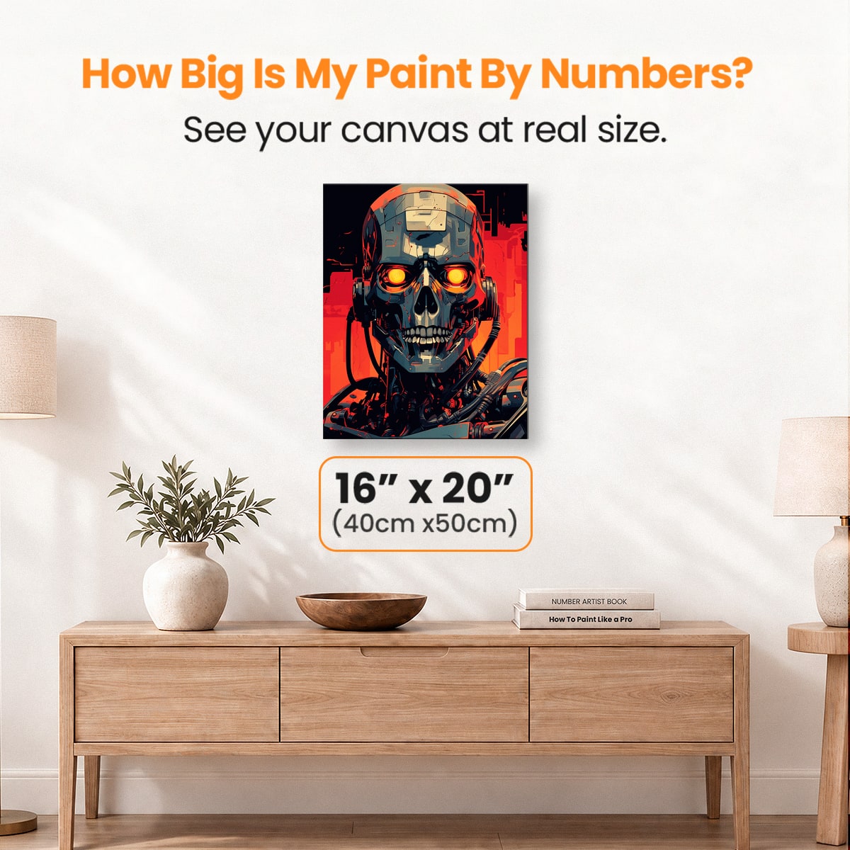 The image portrays a robot head with an orange glow, showcasing intricate mechanical details.