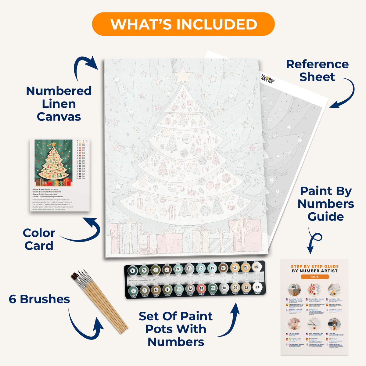 A vibrant Christmas tree stands on a dark green background, adorned with a variety of colorful ornaments.