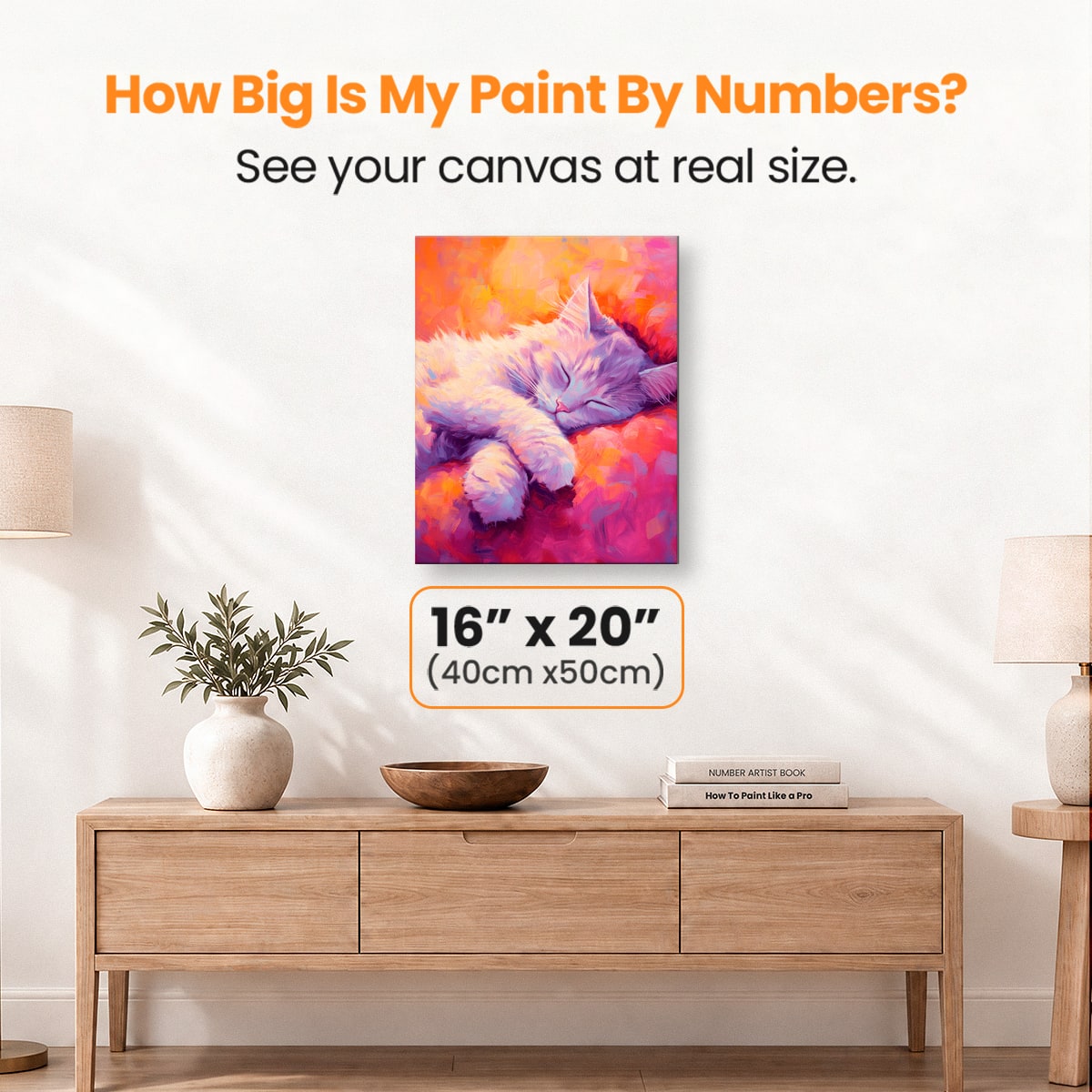 In the image, a large painting depicts a serene scene of a cat curled up for sleep on a cozy bed.