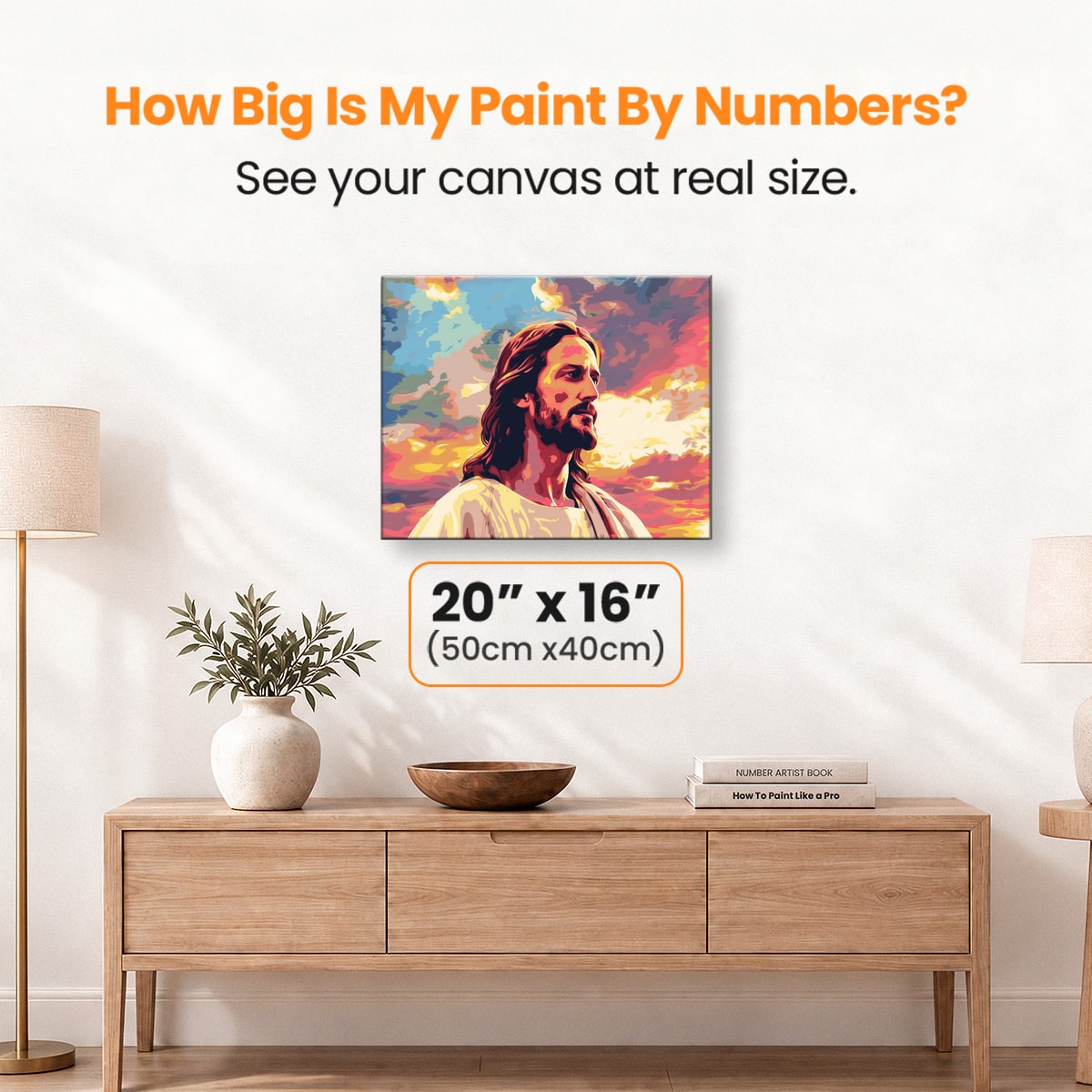 A square canvas print featuring a vibrant sunset background with multicolored clouds.