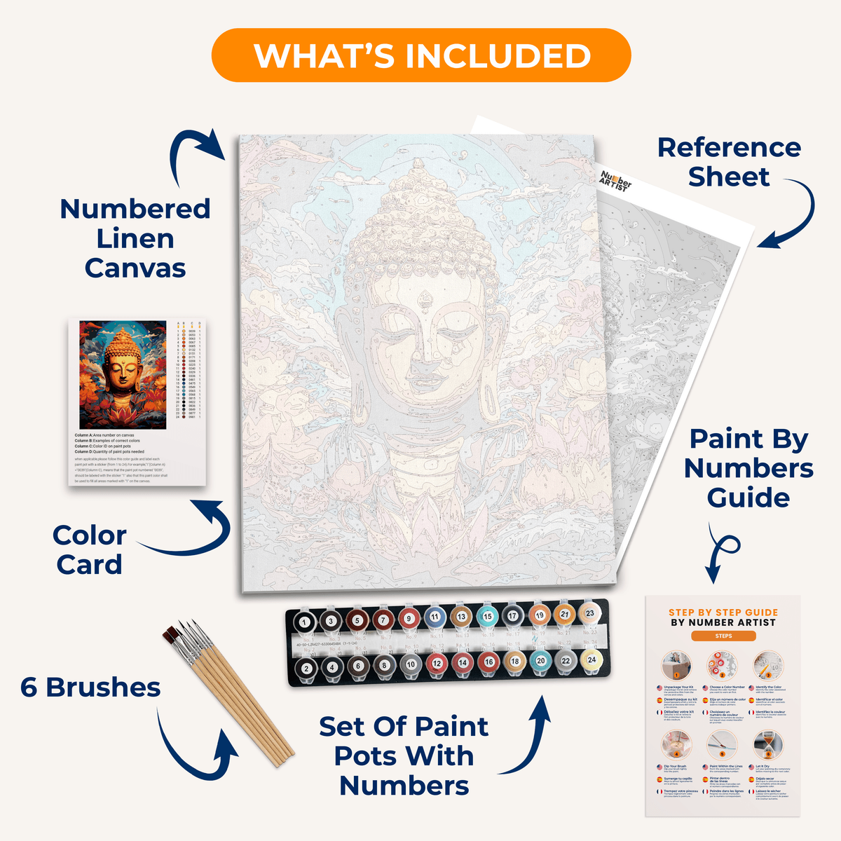 In the given illustration, a serene Buddha statue with a glowing halo around its head stands atop a vibrant floral arrangement in the center.