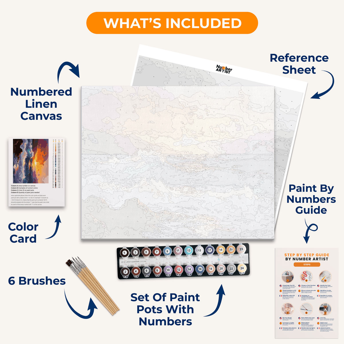 A scenic landscape painting depicts a tranquil seascape at sunset or sunrise.