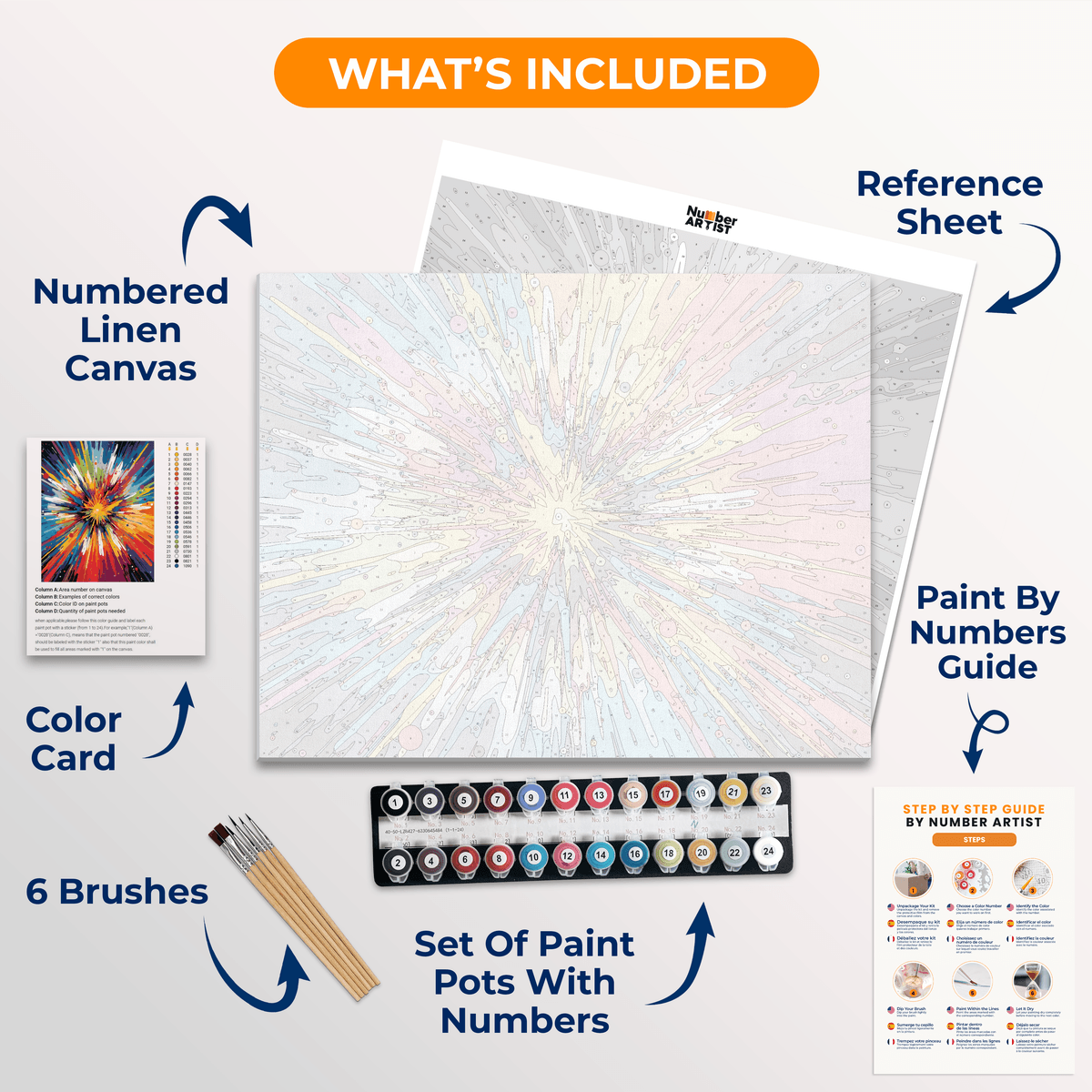 The image presents an abstract art piece characterized by a vibrant explosion of colorful shapes and lines radiating from the center..