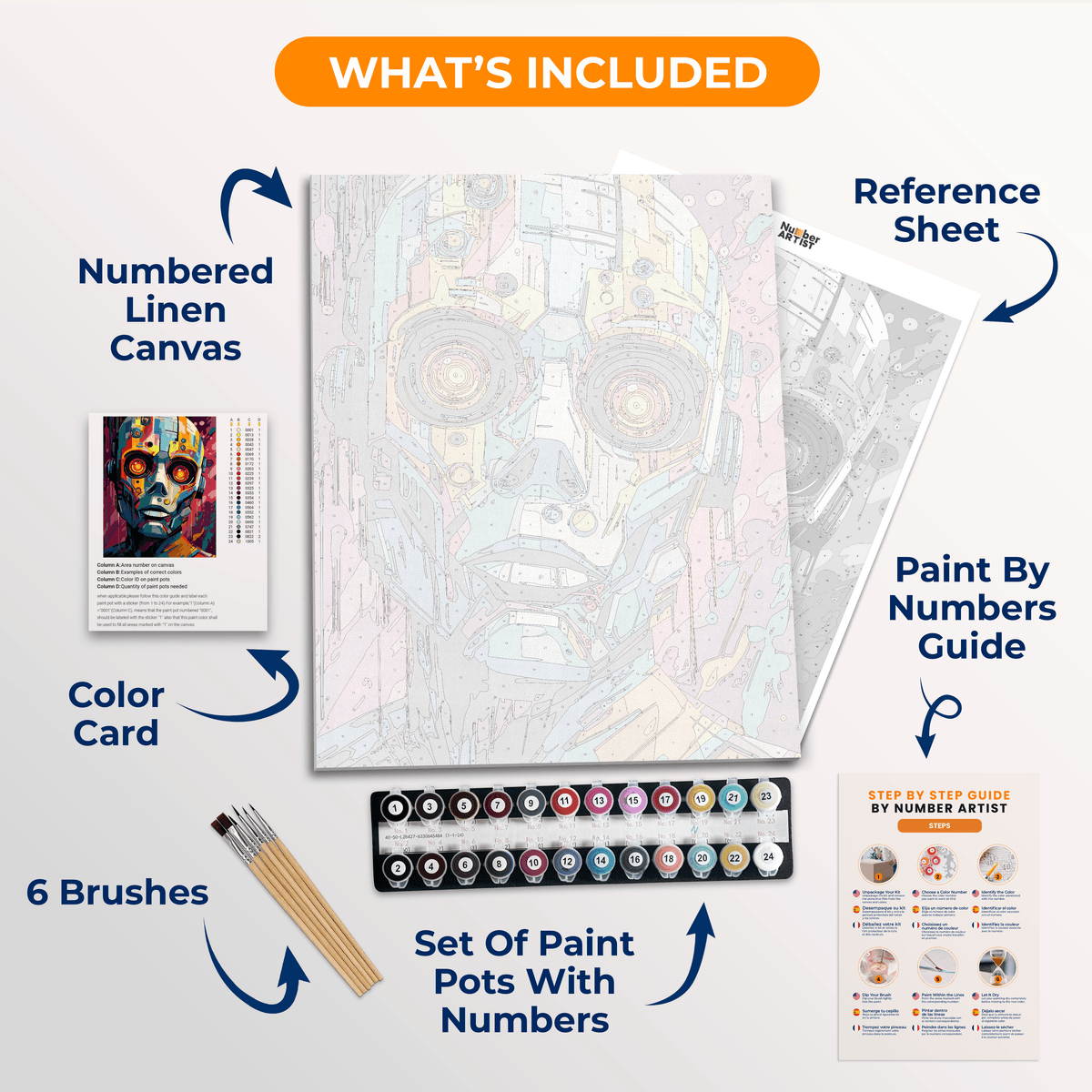 A robot with glowing red eyes and a mechanical face stands against a vibrant, colorful backdrop..