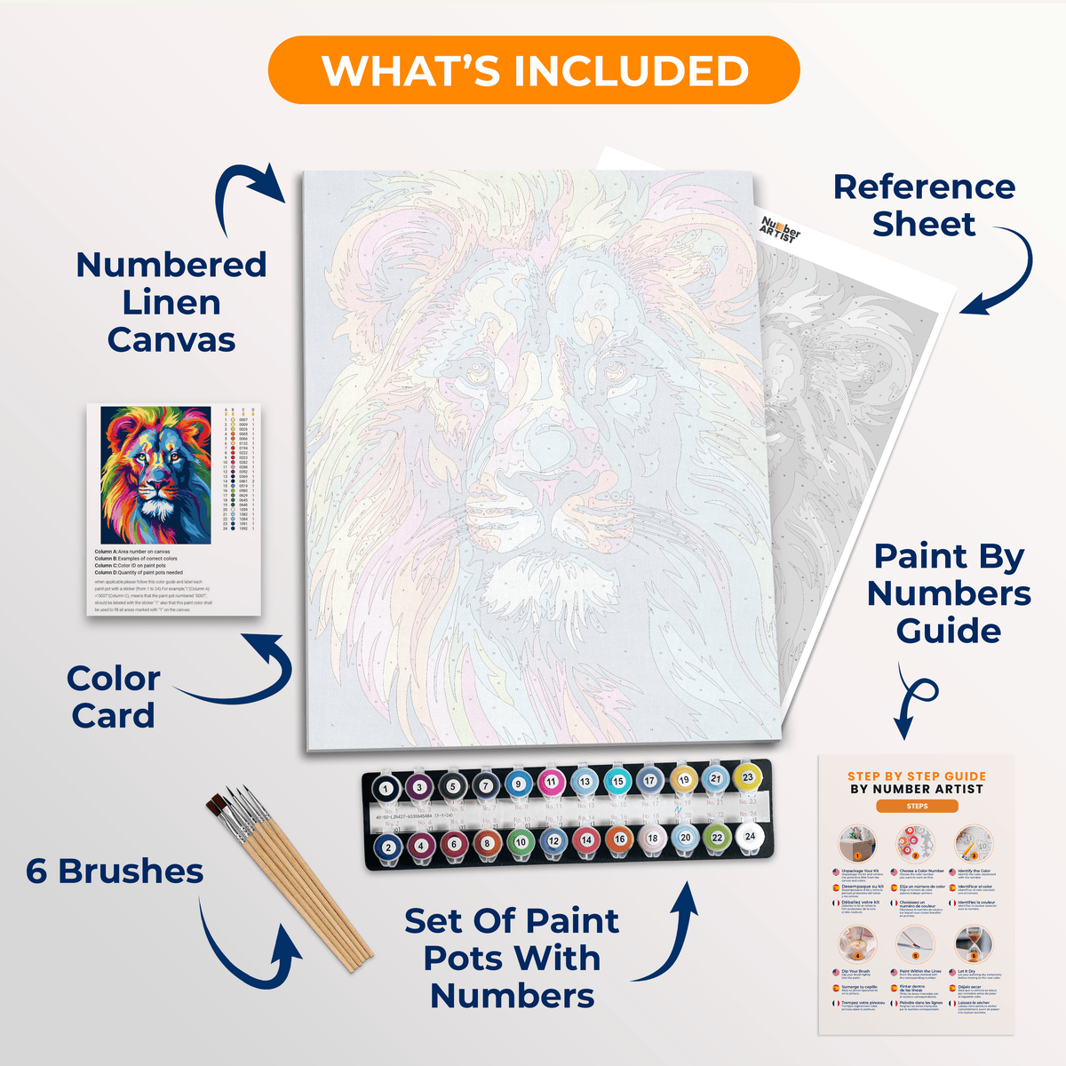 The image features a vibrant, stylized portrait of a lion's head on a black background.