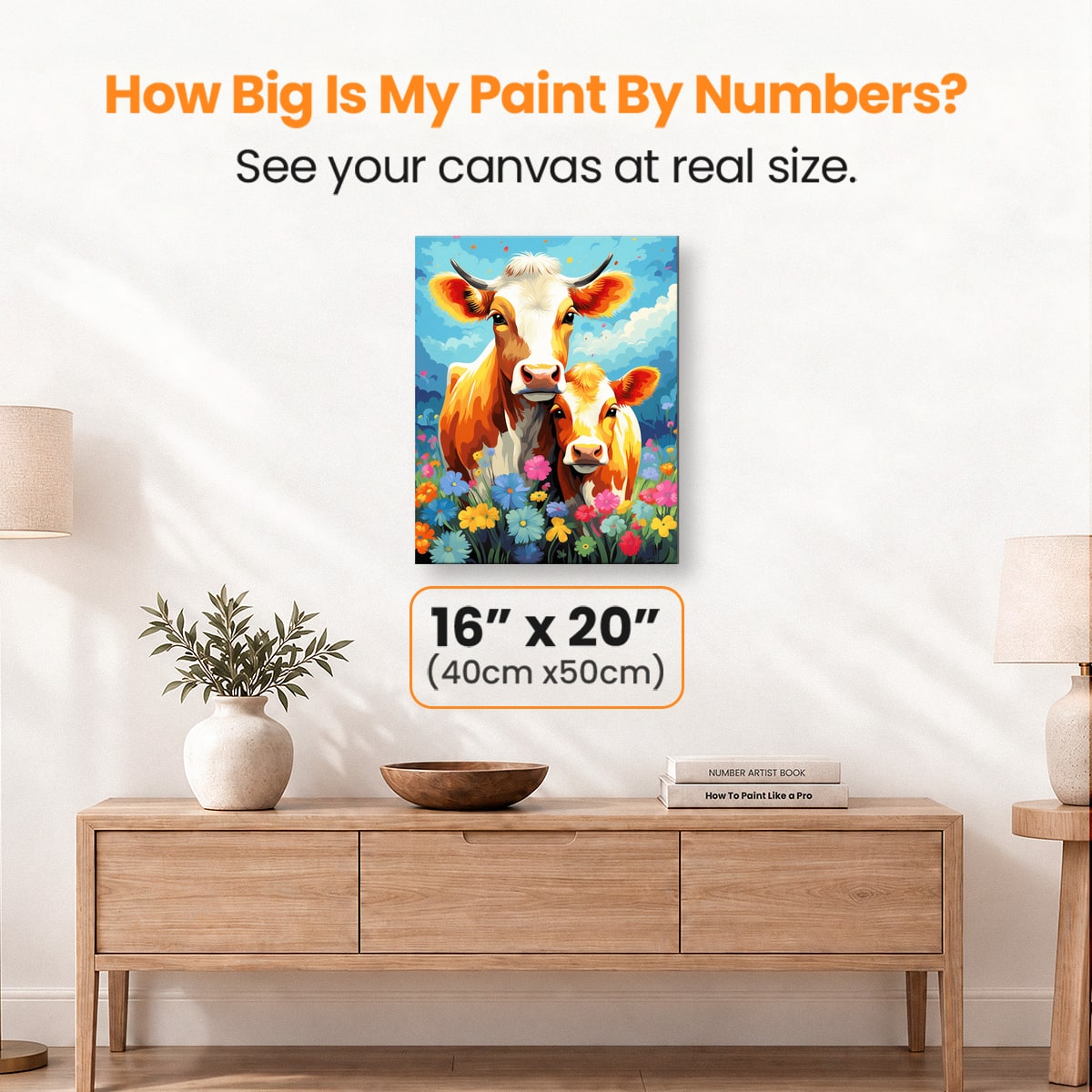 This is a vibrant and colorful painting featuring two cows standing side by side in a field.