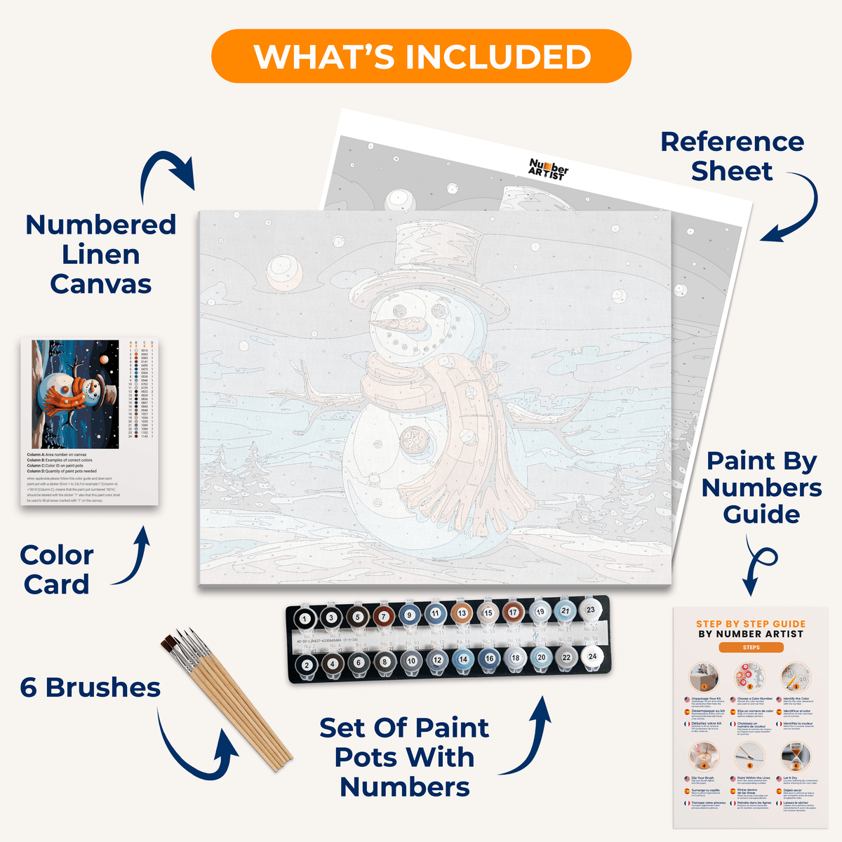 A vibrant and festive illustration features a snowman character standing upright against a dark background, which suggests a nighttime setting.