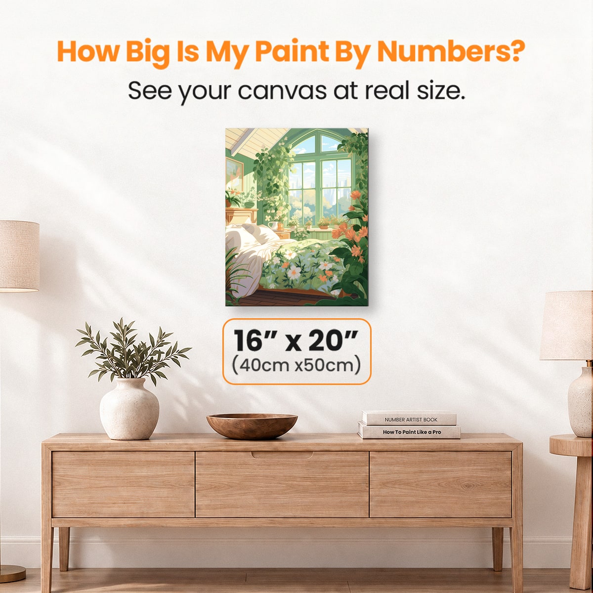 A bedroom scene with a floral bedspread and vibrant potted plants on the windowsill, under an arched window that opens onto a lush garden outside, framed by green walls..