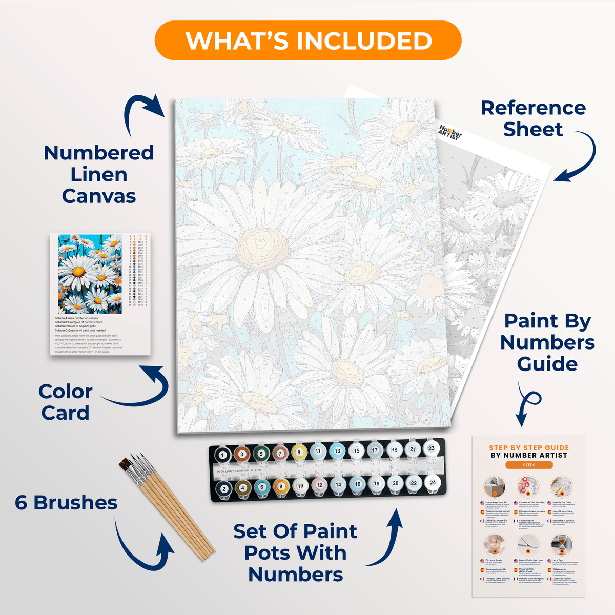 This image features a bouquet of daisies against a blue background.