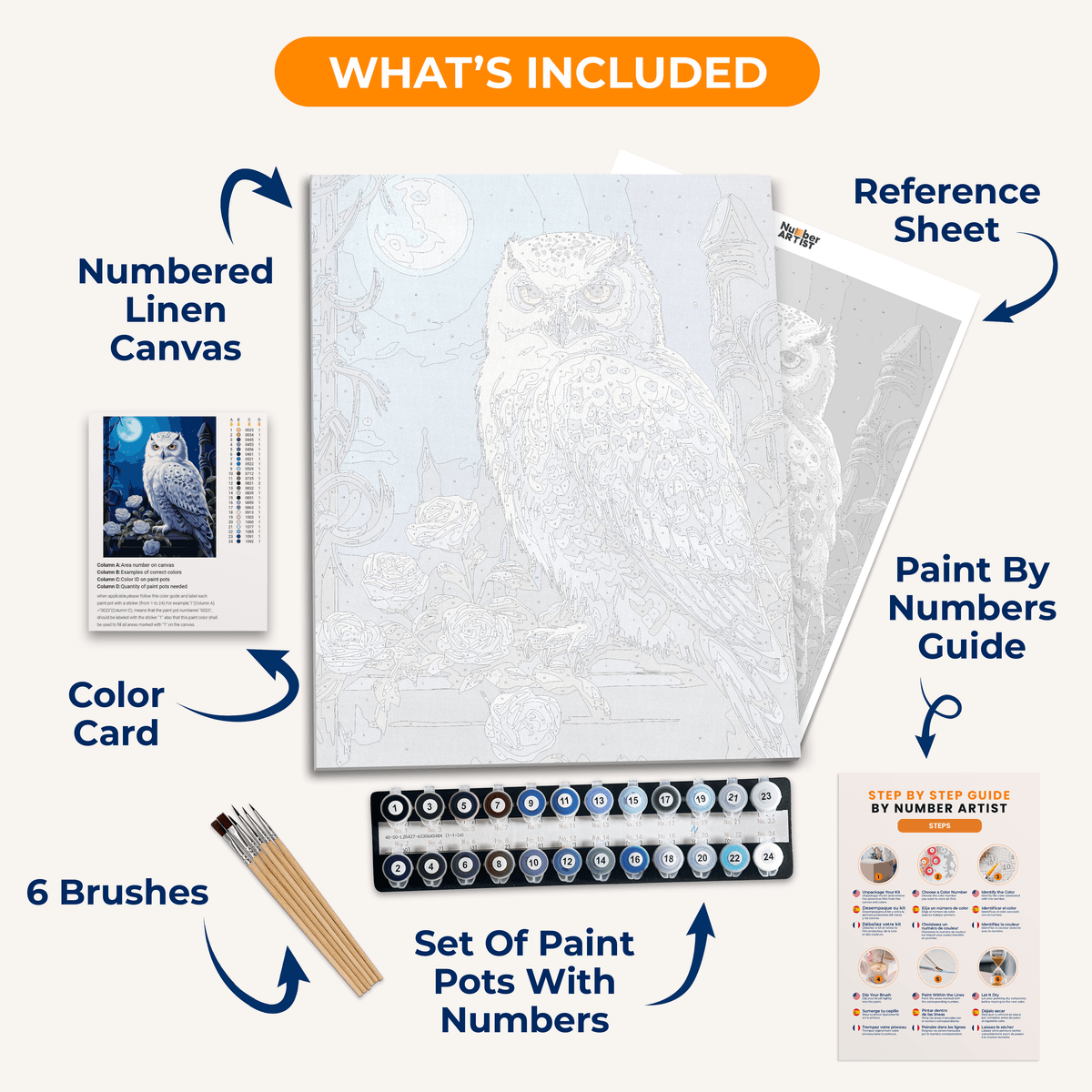 In the image, a majestic white owl with spotted feathers and glowing eyes is perched on a ledge.