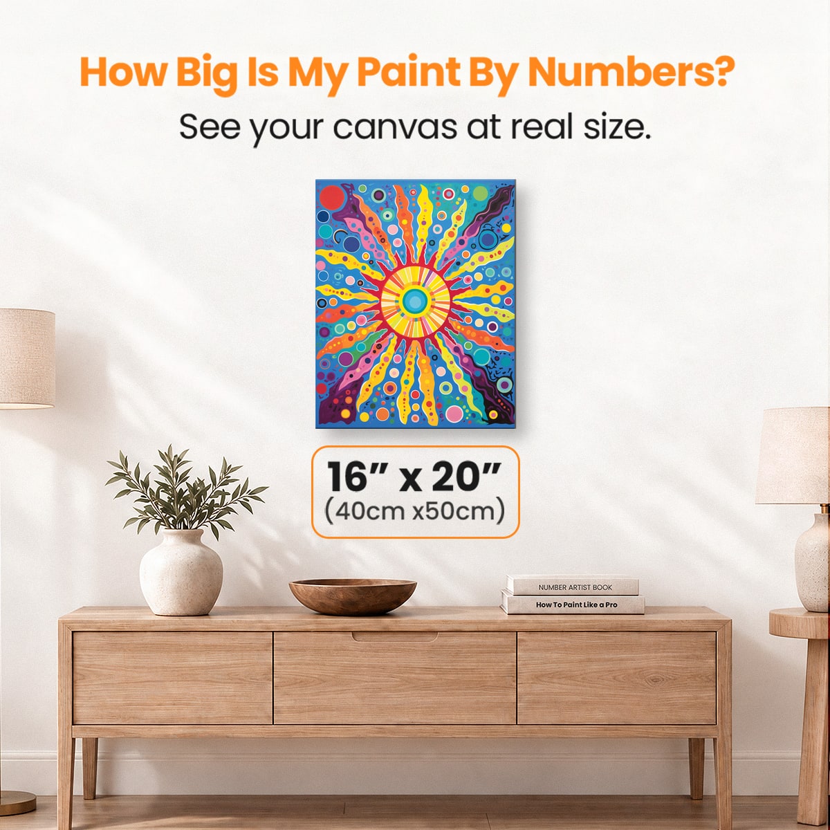 A colorful canvas print featuring an abstract sun design with vibrant hues and a circular center.