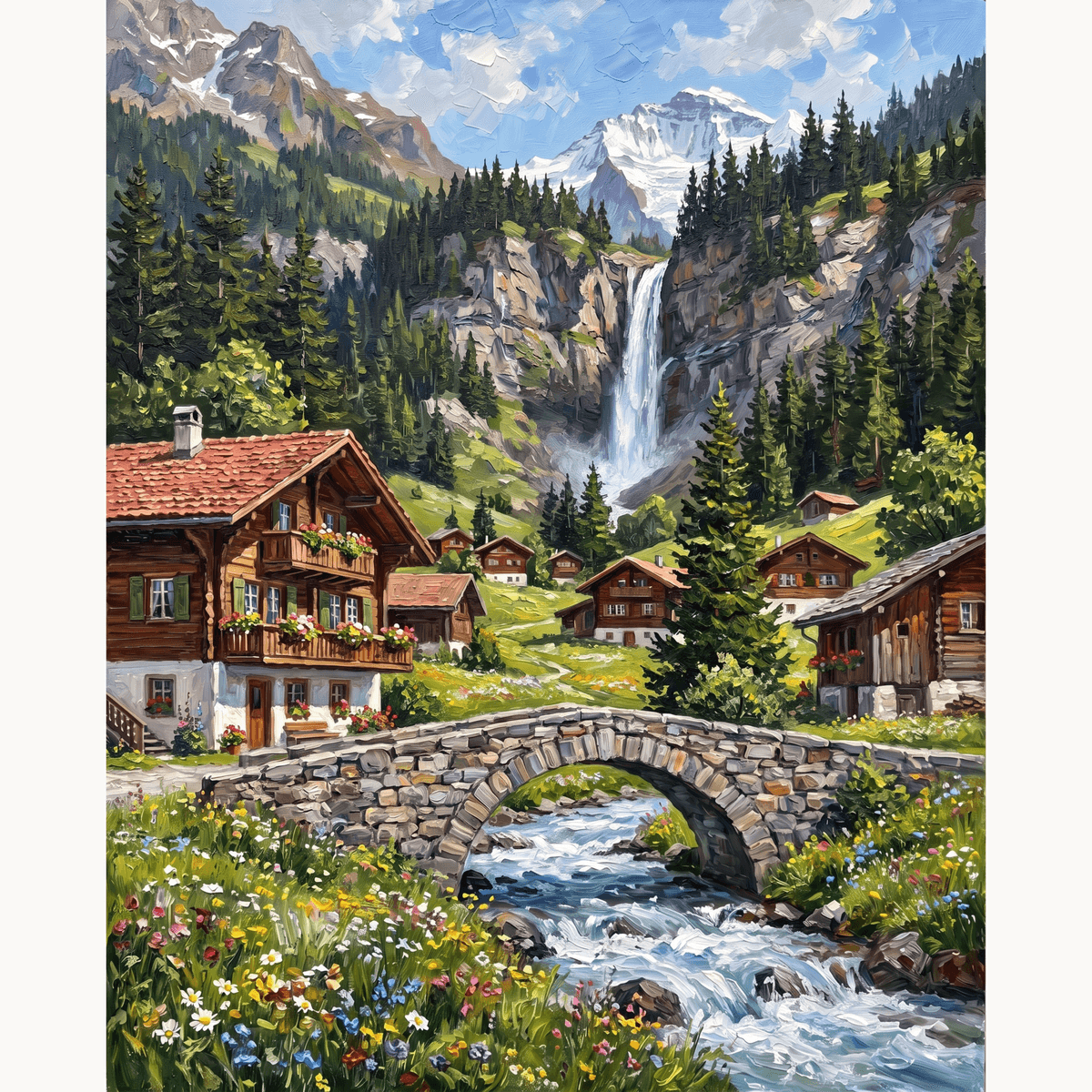 Swiss Village Waterfall - Number Artist Paint by Numbers Kits