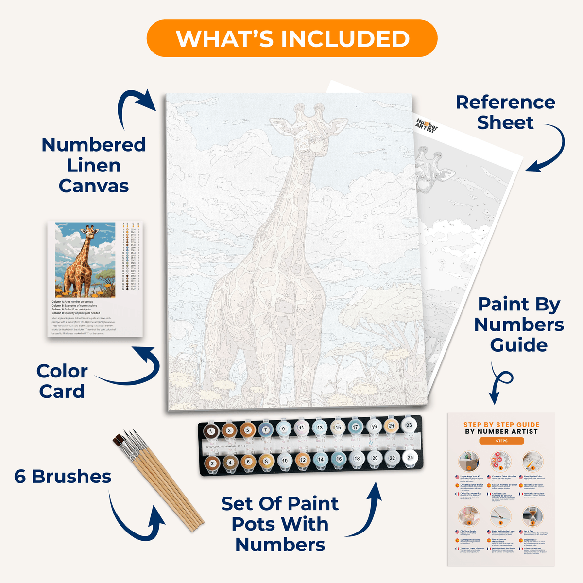 This is an illustrated print featuring a tall giraffe standing on a grassy field.