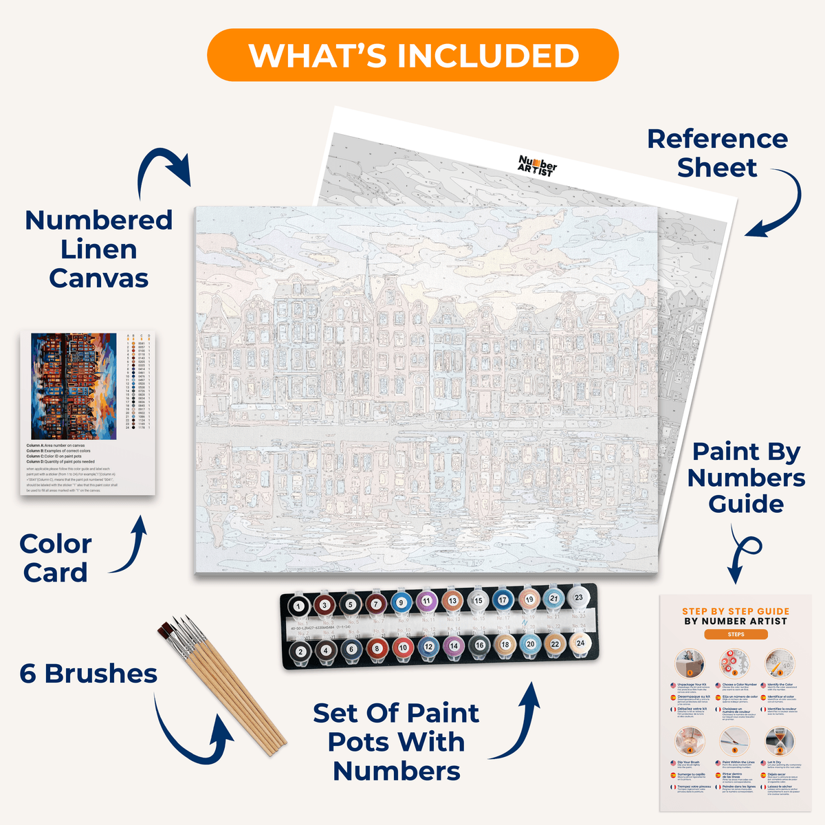 A vibrant and colorful stylized cityscape painting depicting a European canal town, likely Amsterdam, at dusk.
