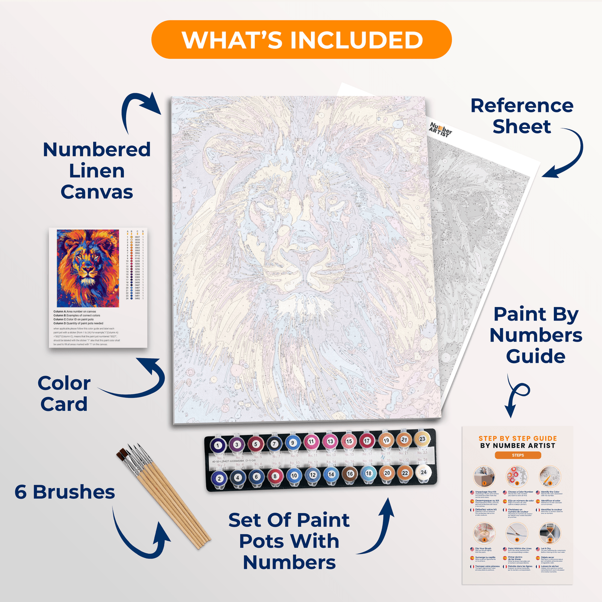 The image showcases a majestic lion, captured in an artistic portrait style, within a vibrant color palette.