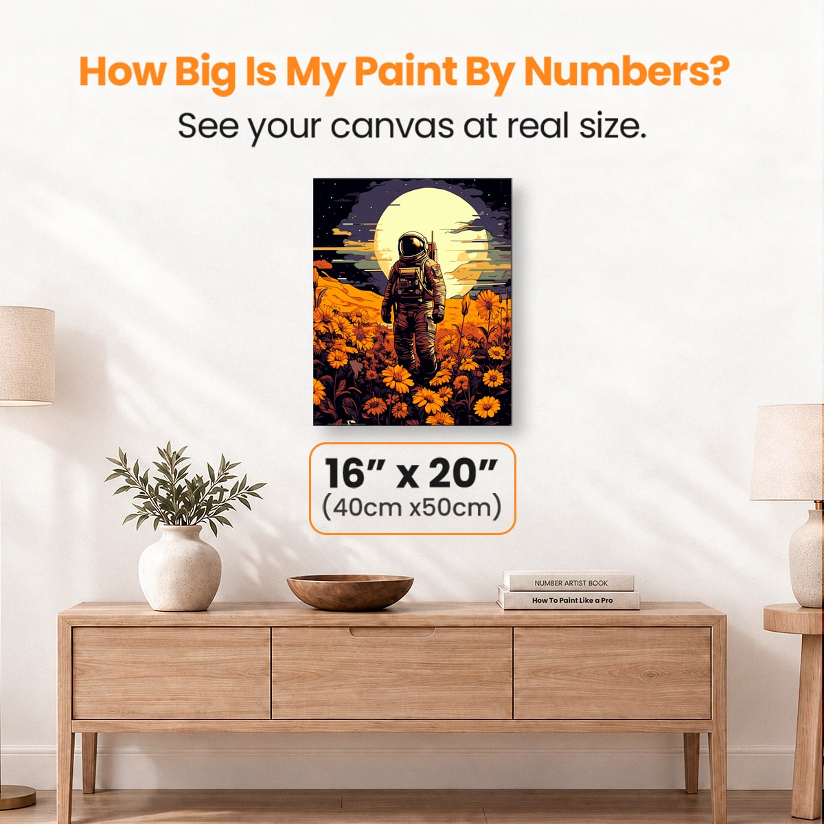 The image features a poster with an astronaut standing amidst orange flowers.