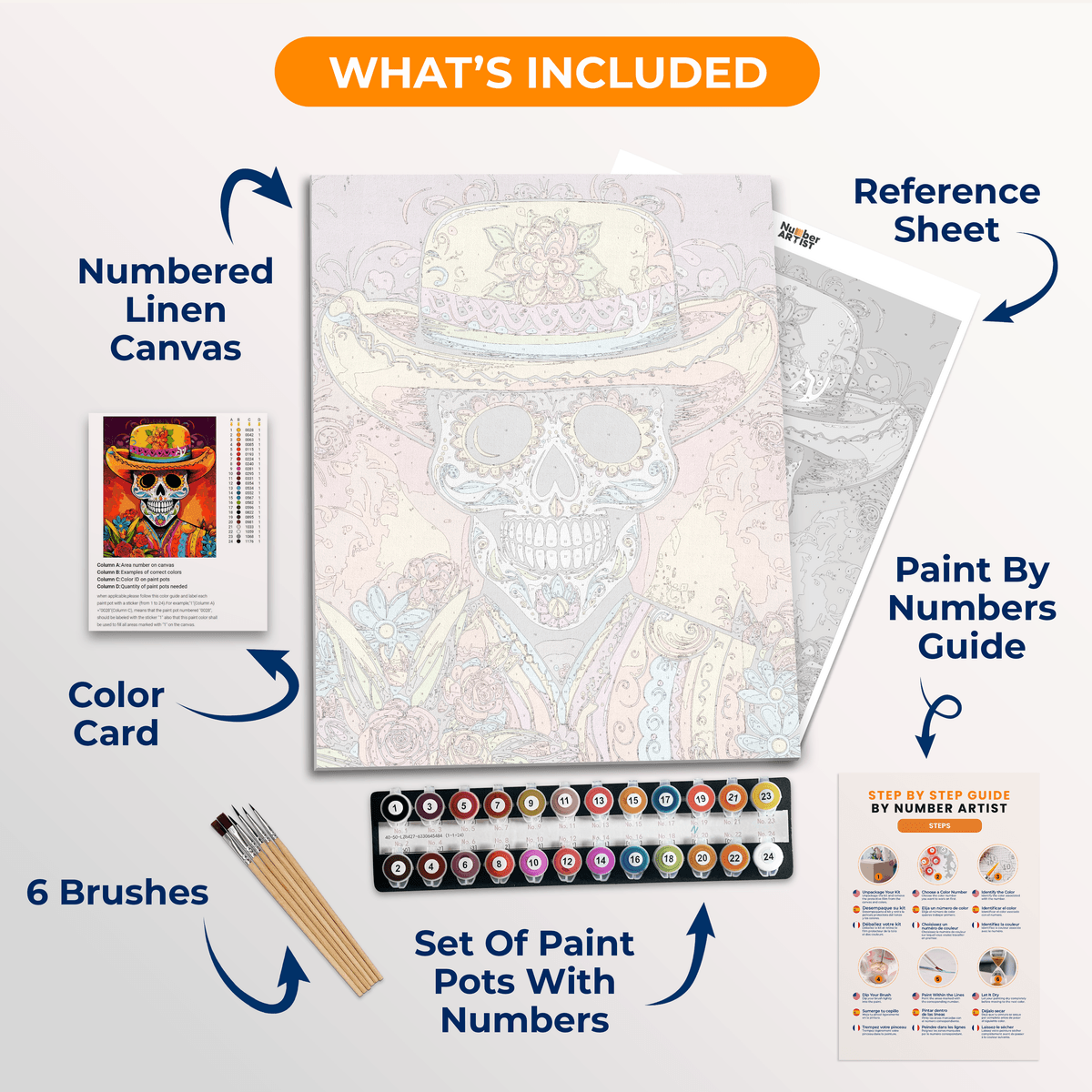 The image presents a vibrant illustration of a skull, adorned with colorful flowers and a large sombrero.