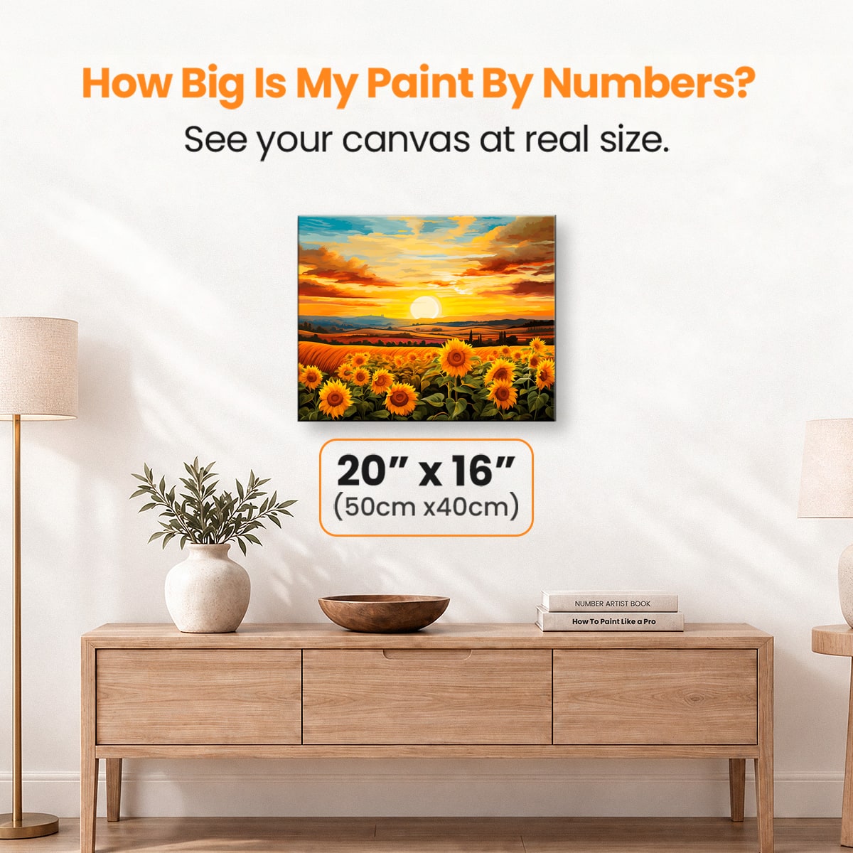 A vibrant sunset painting depicts a serene rural scene.