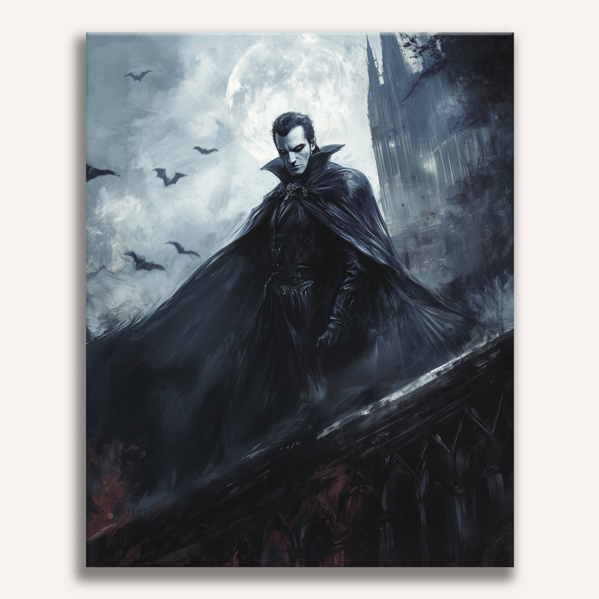 The image portrays a fantasy scene featuring a character dressed as a vampire lord.