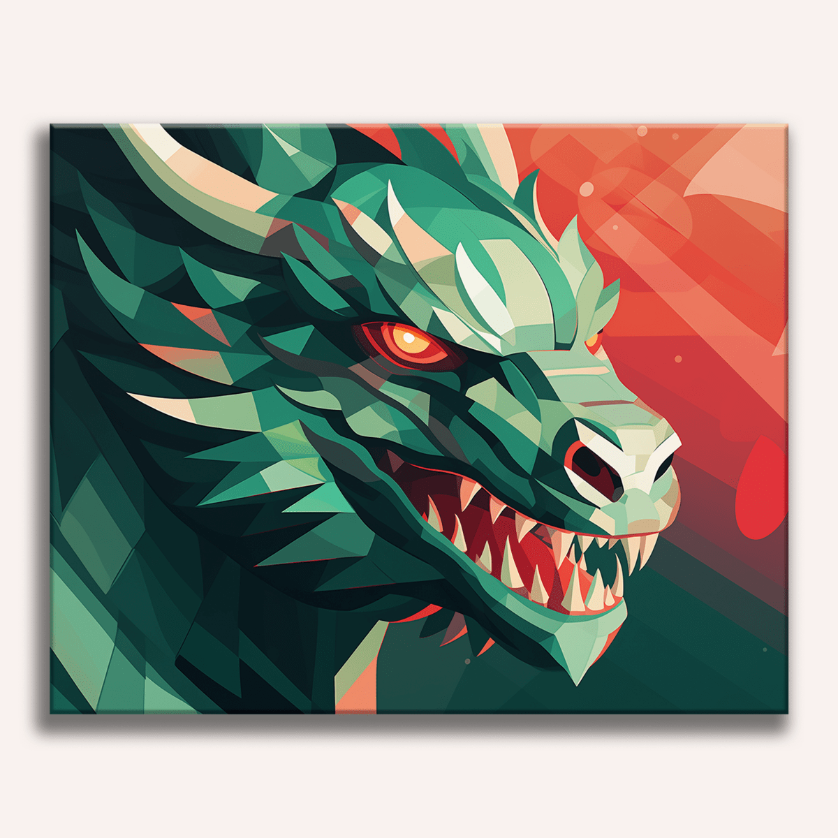 The image features a large, fierce dragon with green scales and red eyes.