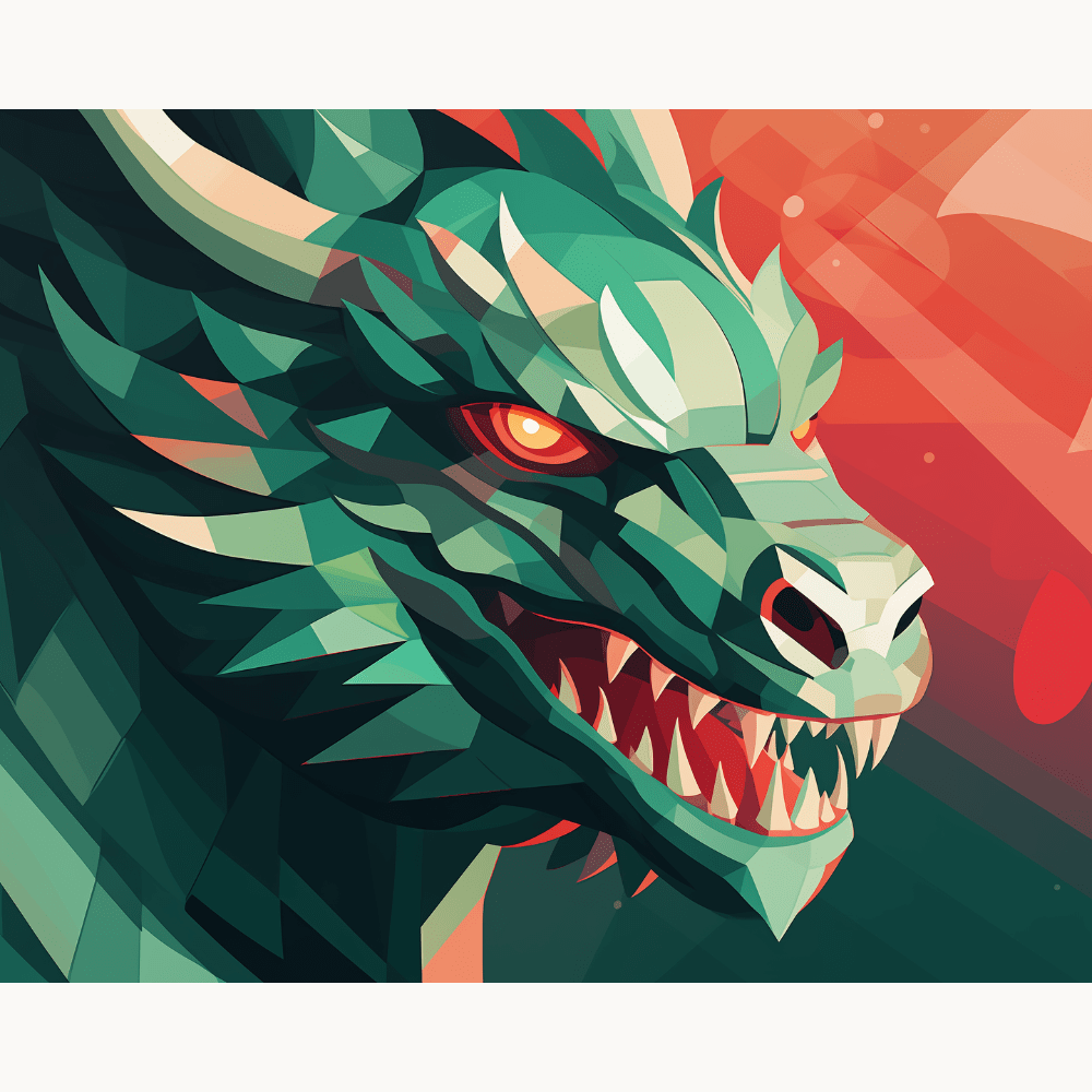 The image features a large, fierce dragon with green scales and red eyes.