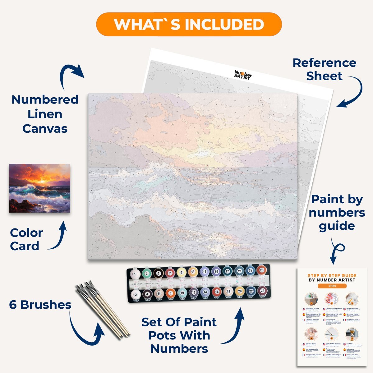 A scenic landscape painting depicts a tranquil seascape at sunset or sunrise.