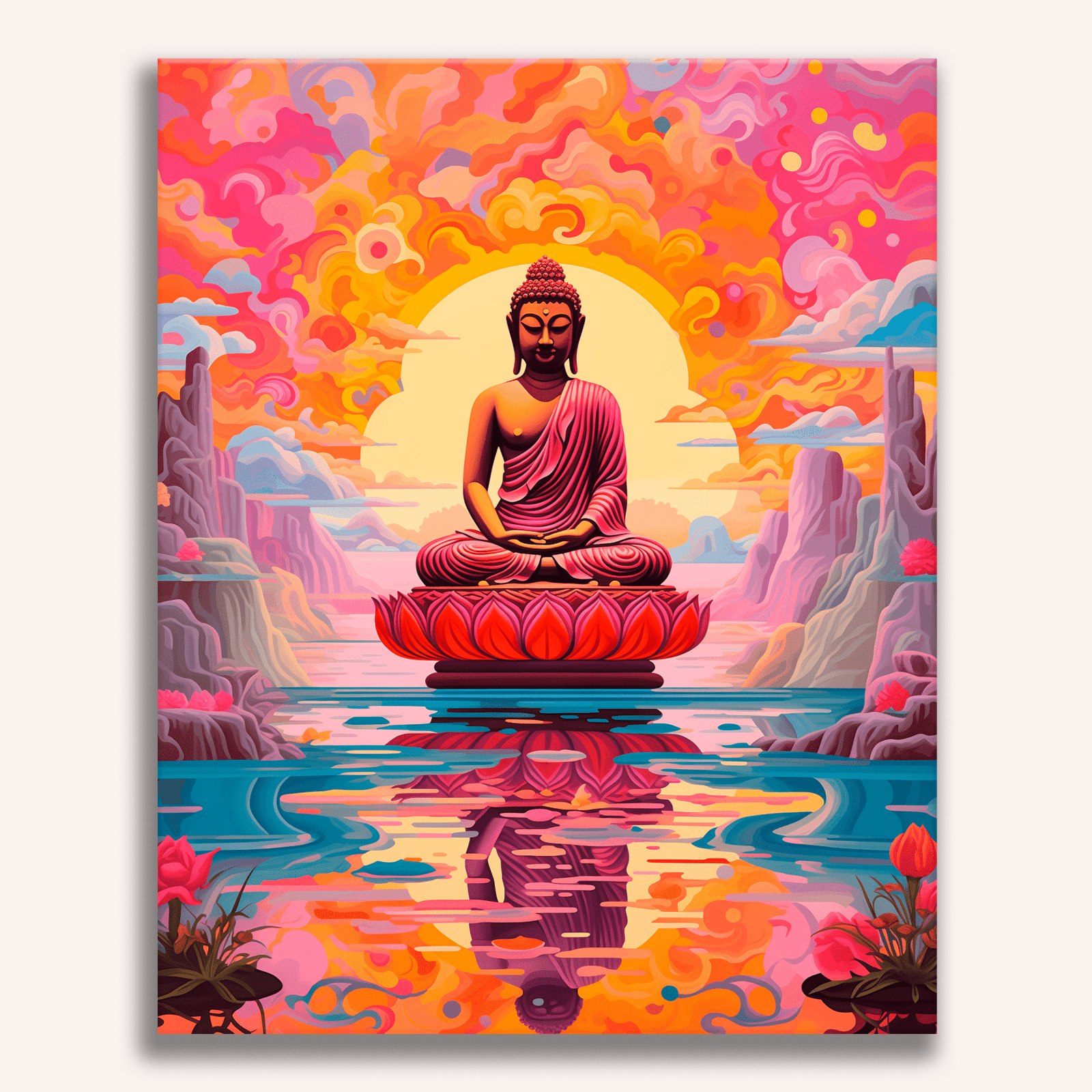 A colorful digital art print featuring a serene Buddha sitting on a lotus flower.