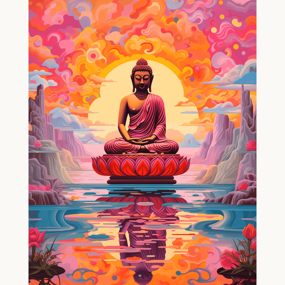 A colorful digital art print featuring a serene Buddha sitting on a lotus flower.