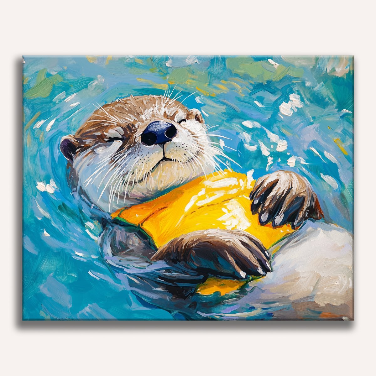 An otter in a yellow life vest is swimming in a blue body of water.