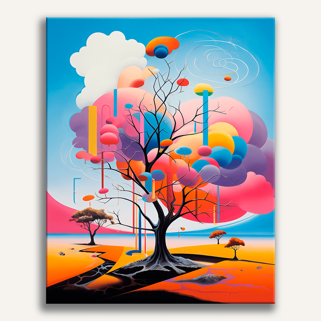 The image portrays a fantastical scene where a tree sprouts from a desert-like setting.
